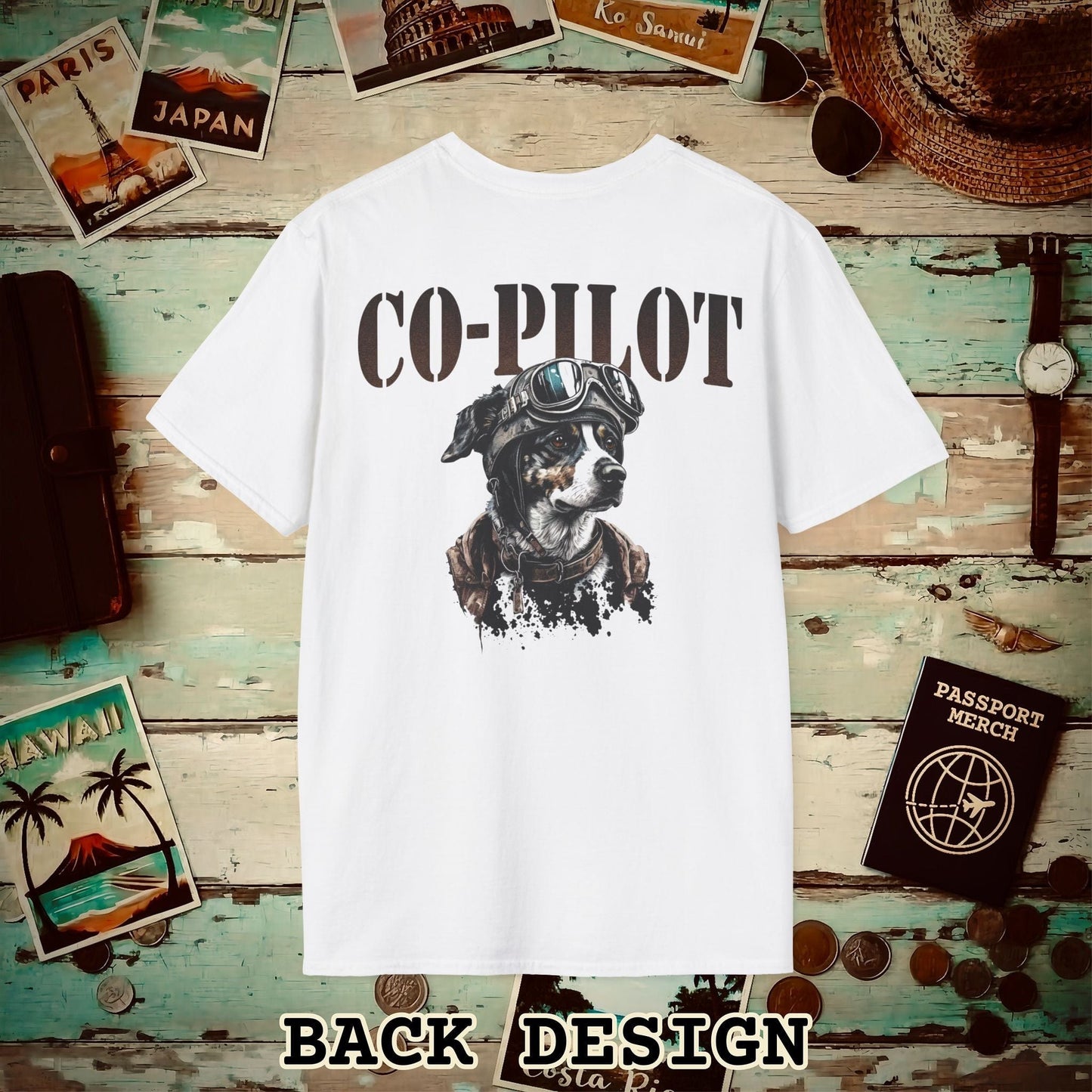 Co-Pilot Aviator Dog Back Print T-Shirt White / S