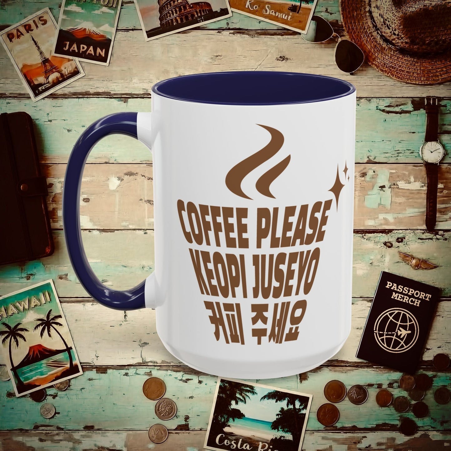 Coffee Please. Keopi Juseyo. Korea 15oz Mug Navy / 15oz