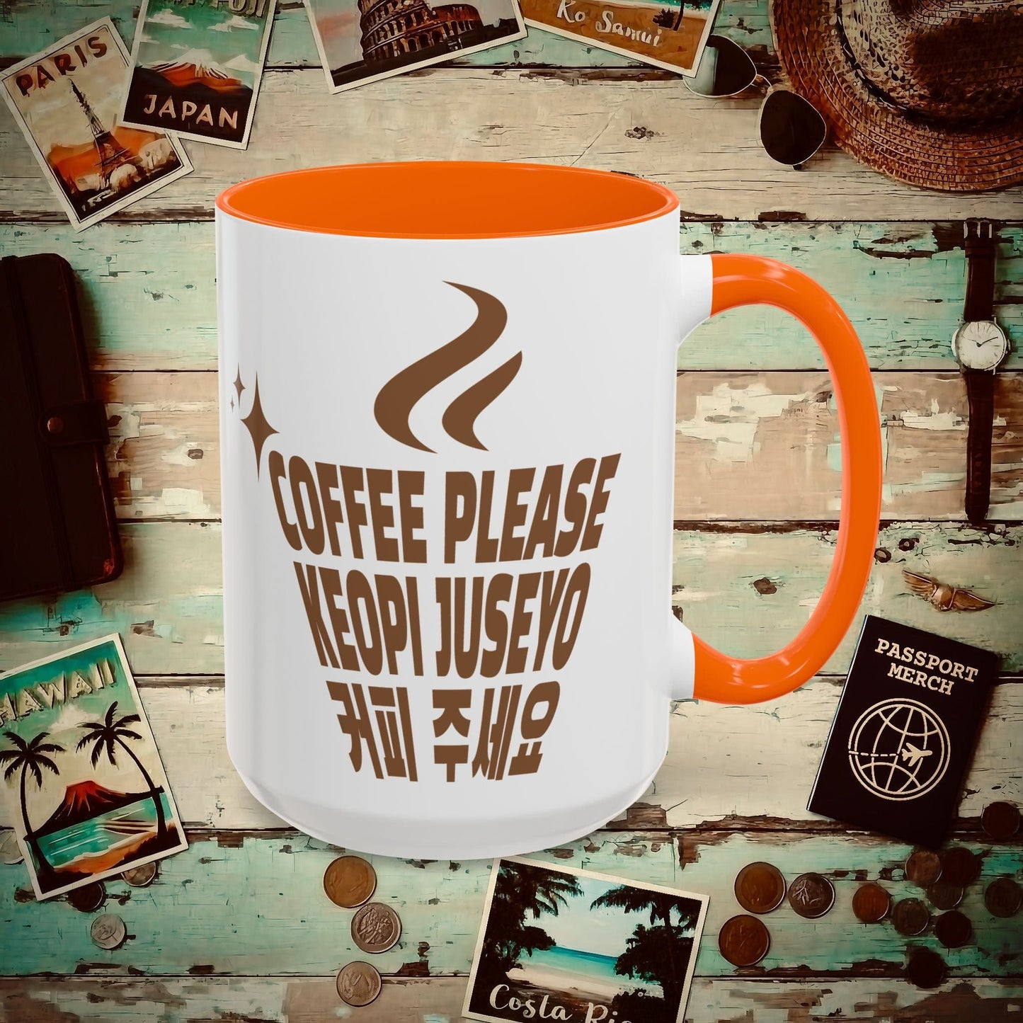 Coffee Please. Keopi Juseyo. Korea 15oz Mug Orange / 15oz