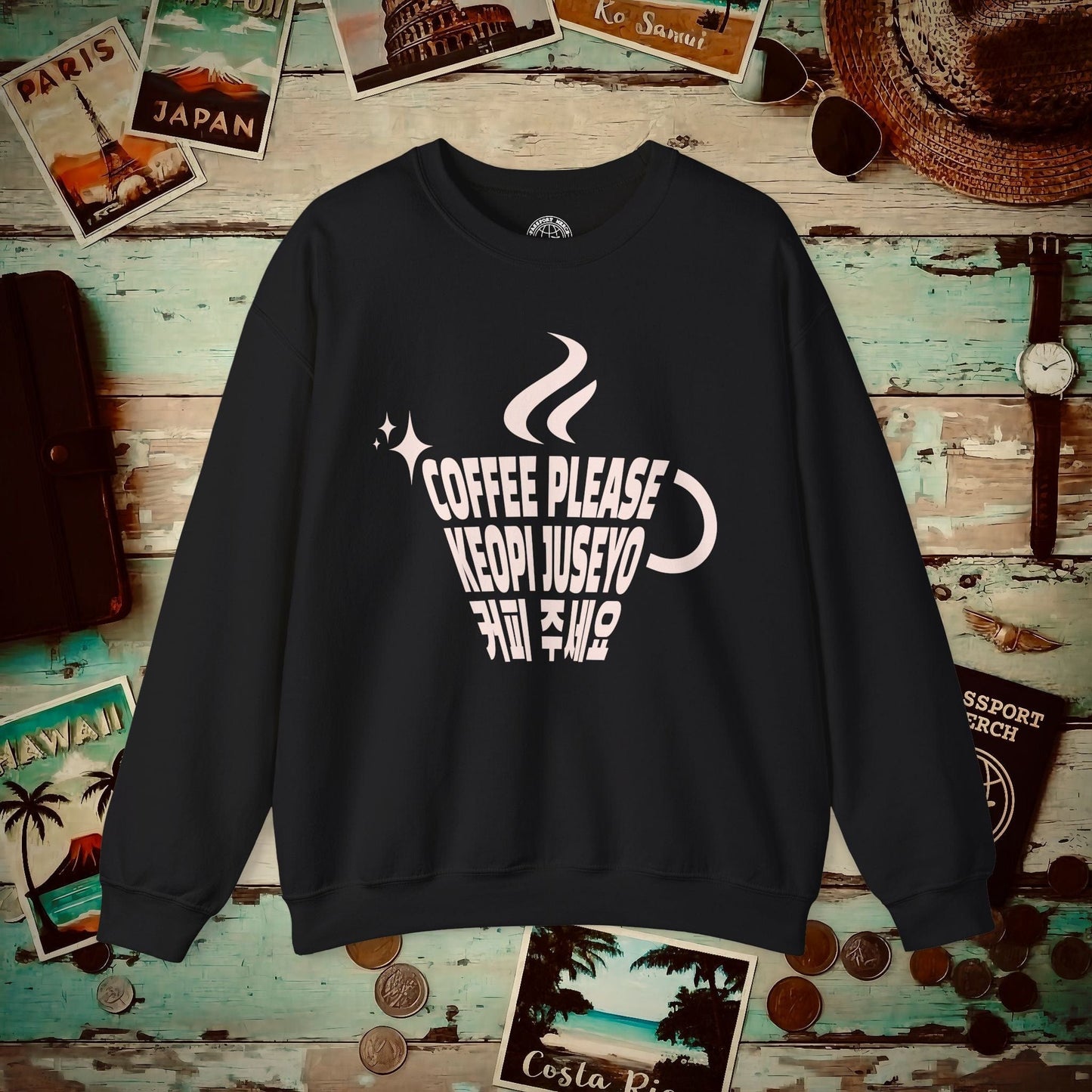 Coffee Please. Keopi Juseyo. Korea Crewneck Black / S