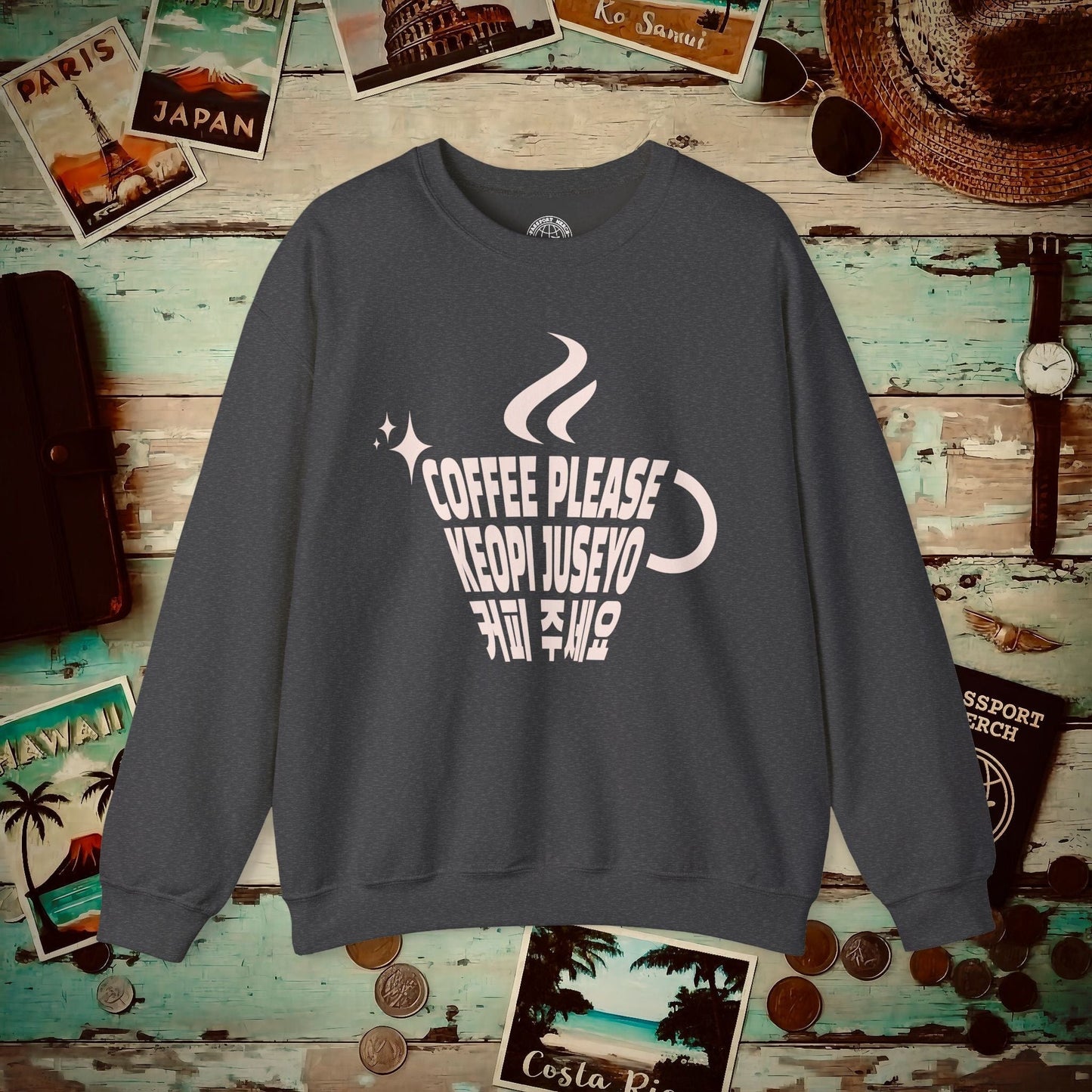 Coffee Please. Keopi Juseyo. Korea Crewneck Dark Heather / S