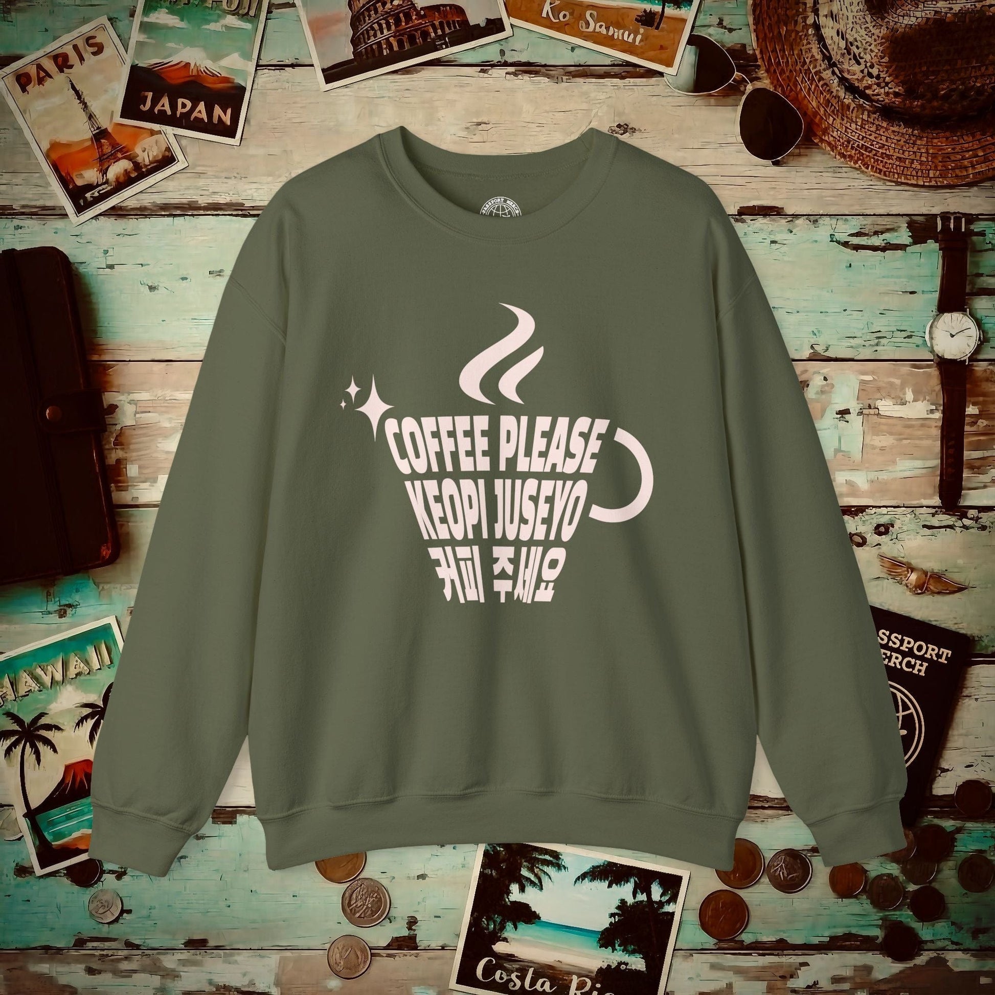 Coffee Please. Keopi Juseyo. Korea Crewneck Military Green / S