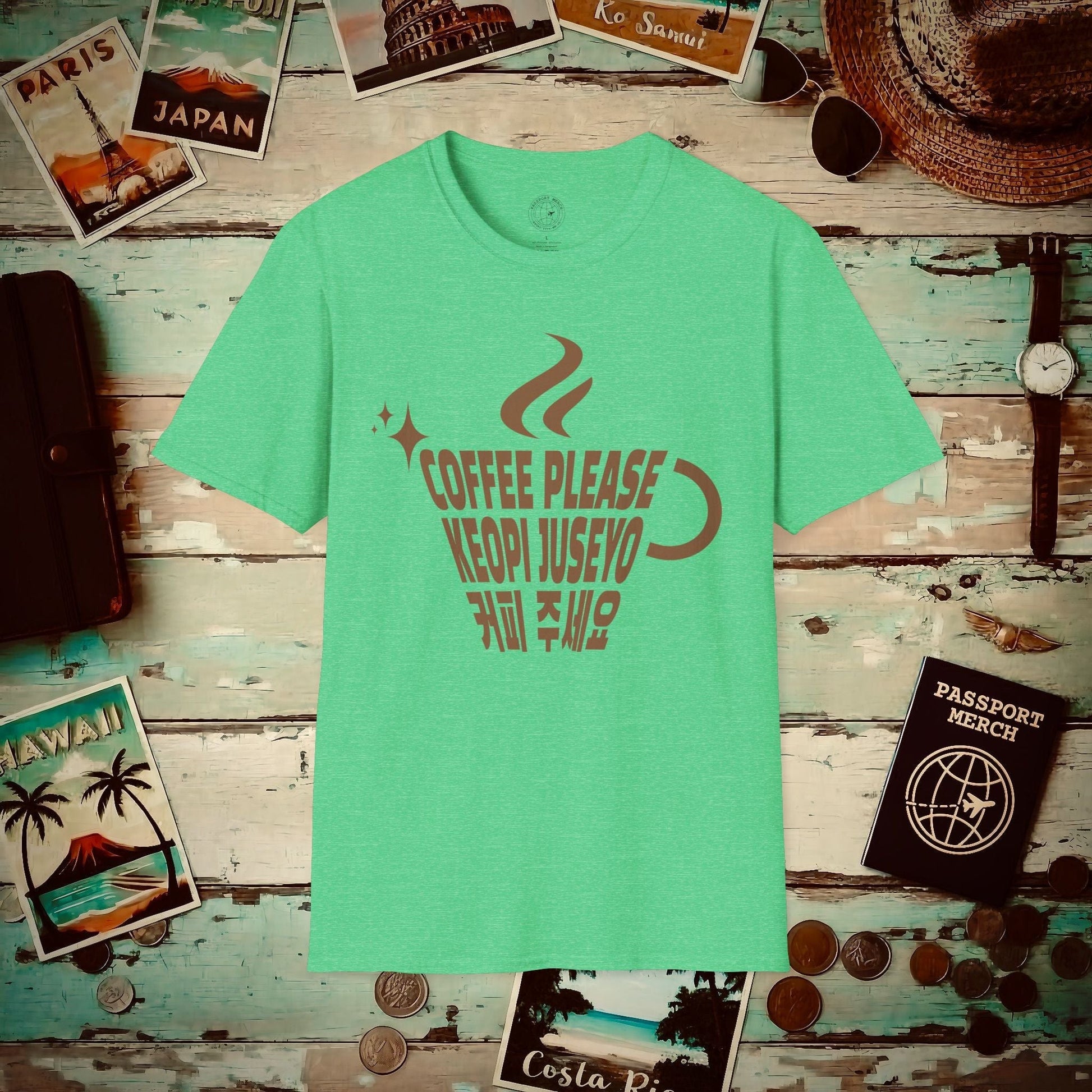 Coffee Please. Keopi Juseyo. Korea T-Shirt Heather Irish Green / S