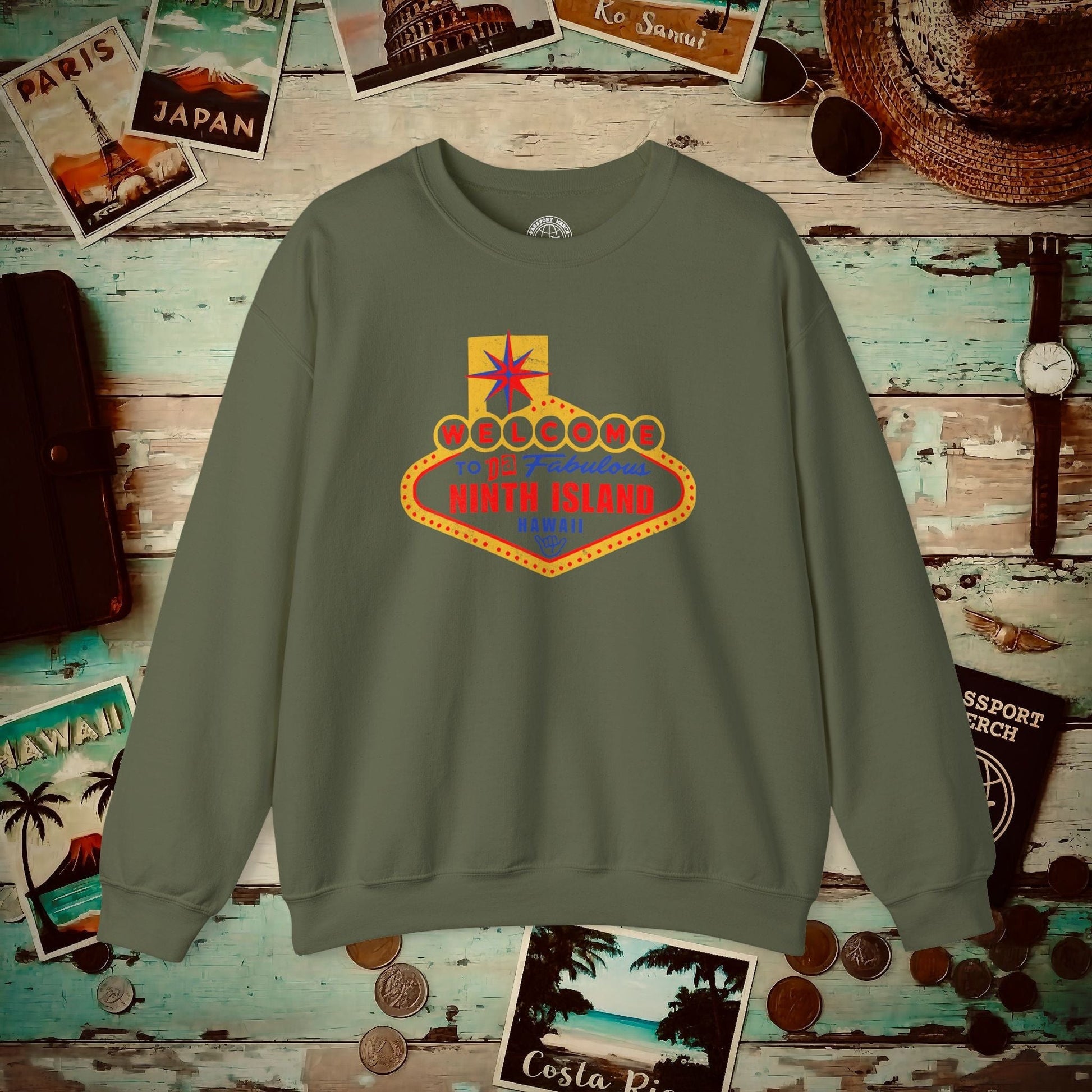 Da Fabulous Ninth Island, Hawaii (and Nevada) Crewneck Military Green / S