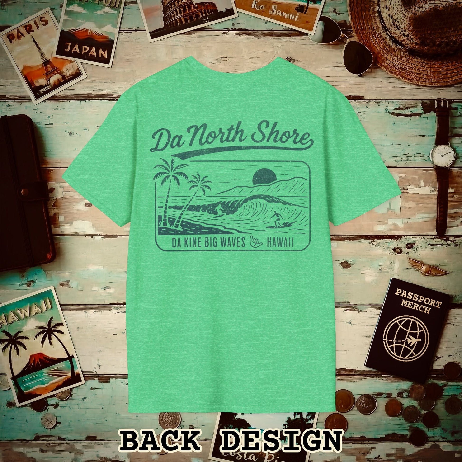 Da North Shore - Da Kine Big Waves, Hawaii, Back Print T-Shirt Heather Irish Green / S