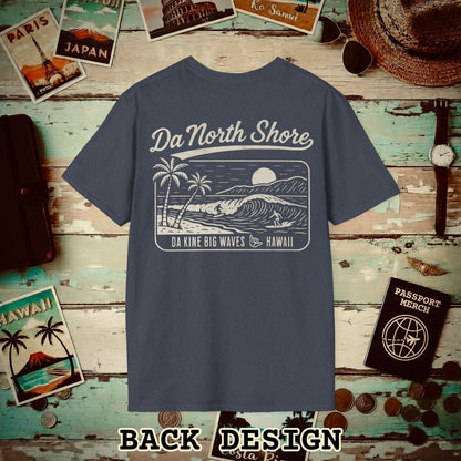Da North Shore - Da Kine Big Waves, Hawaii, Back Print T-Shirt Heather Navy / S
