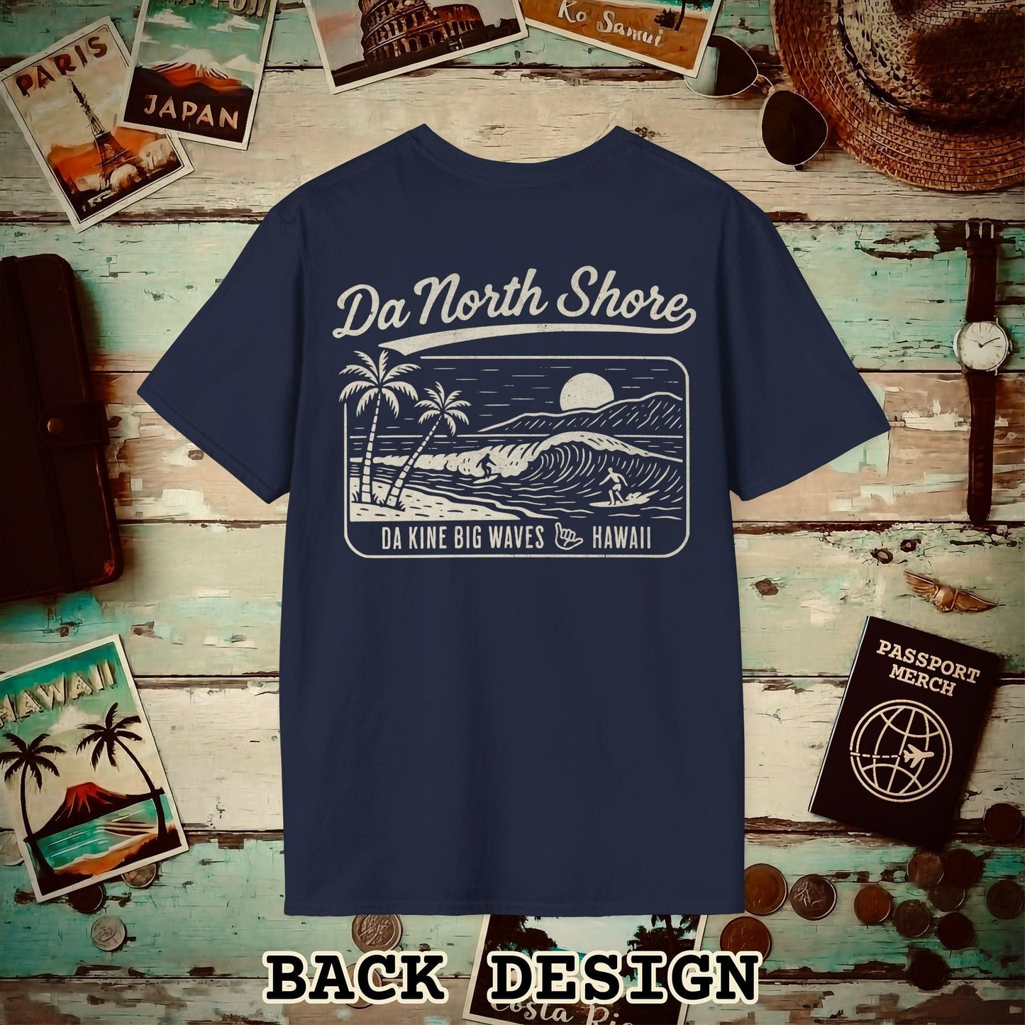 Da North Shore - Da Kine Big Waves, Hawaii, Back Print T-Shirt Navy / S