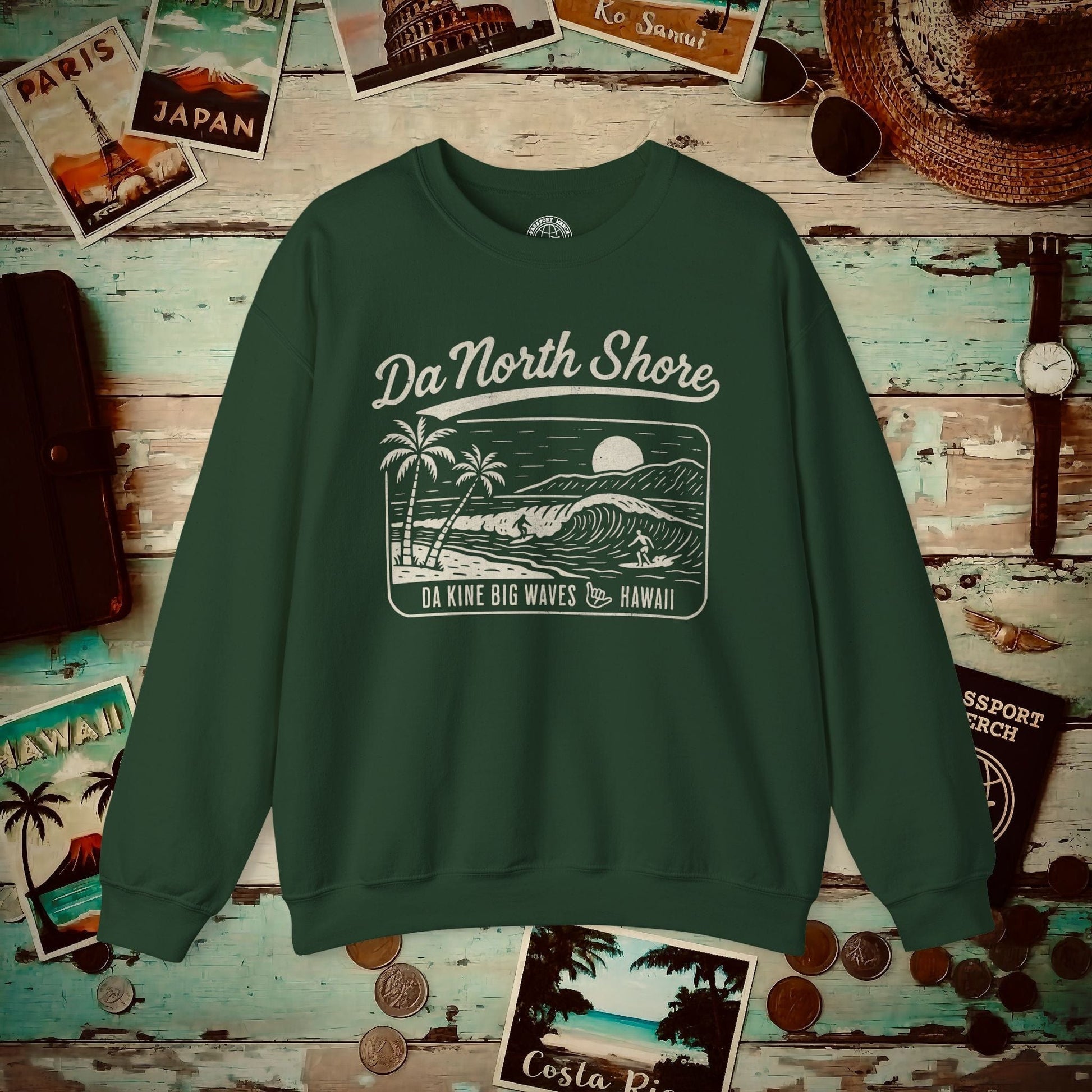 Da North Shore - Da Kine Big Waves, Hawaii Crewneck Forest Green / S