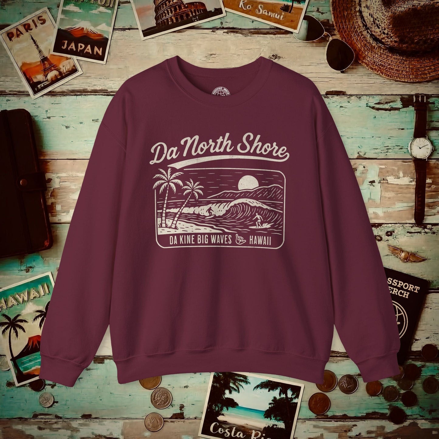 Da North Shore - Da Kine Big Waves, Hawaii Crewneck Maroon / S