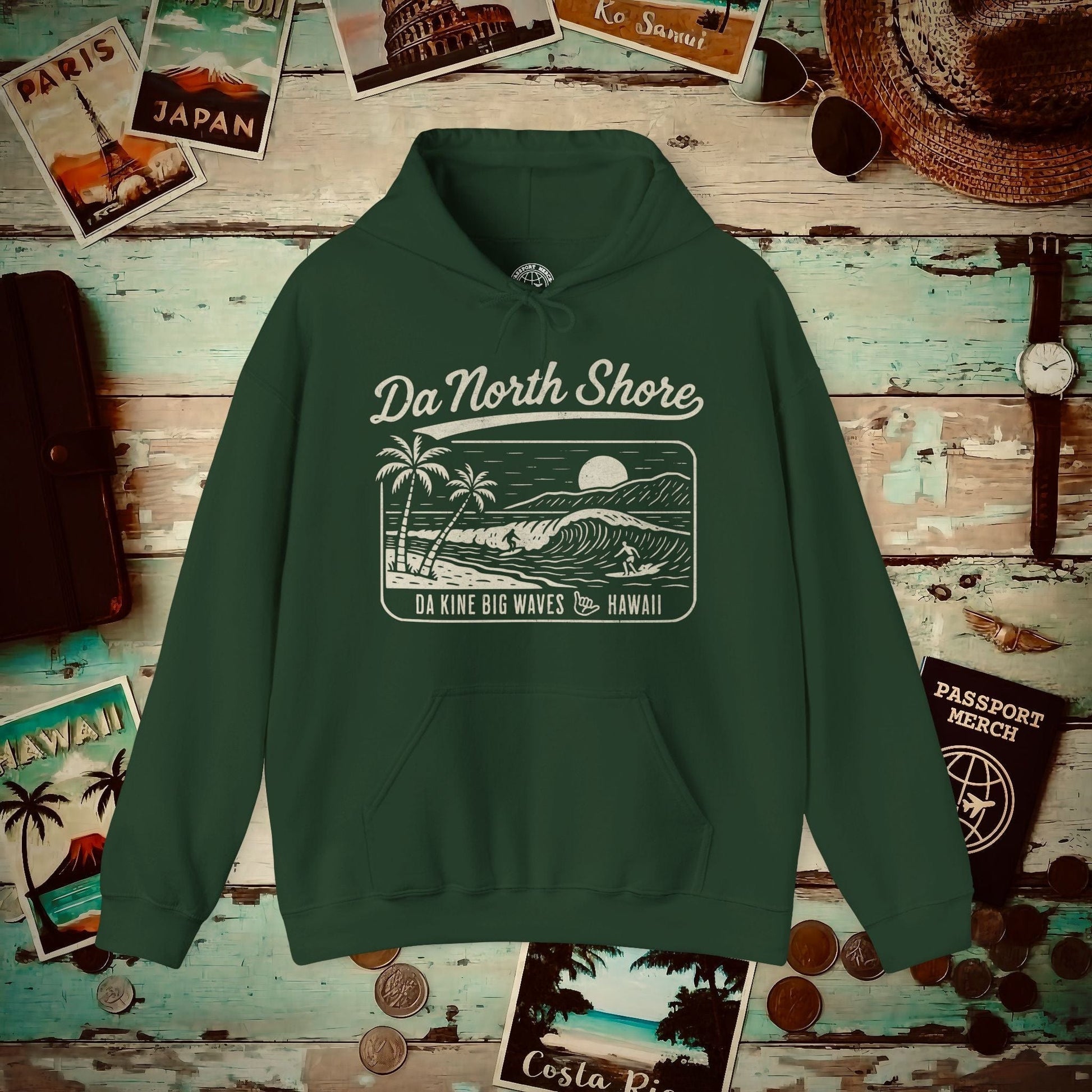 Da North Shore - Da Kine Big Waves, Hawaii Hoodie Forest Green / S