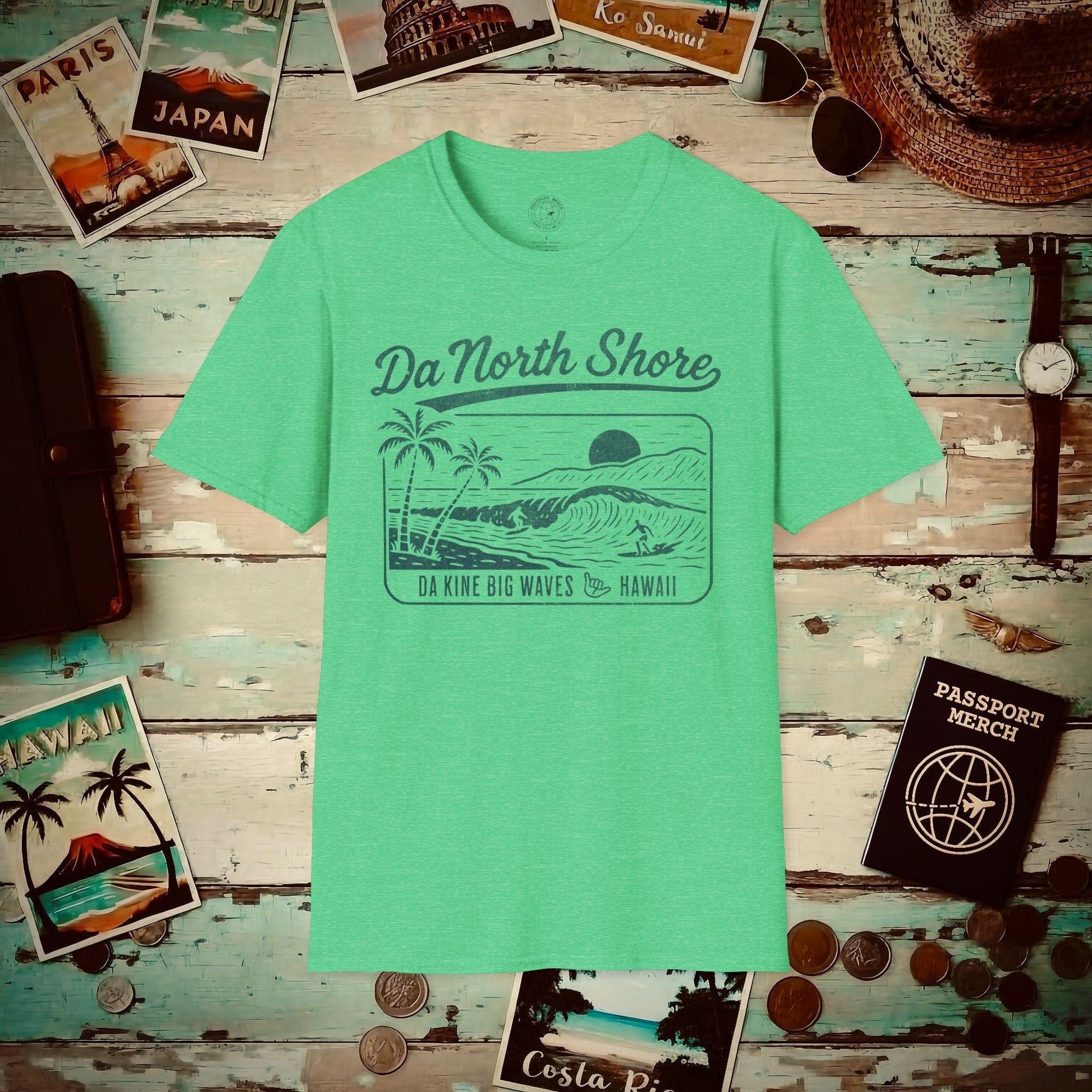Da North Shore - Da Kine Big Waves, Hawaii T-Shirt Heather Irish Green / S