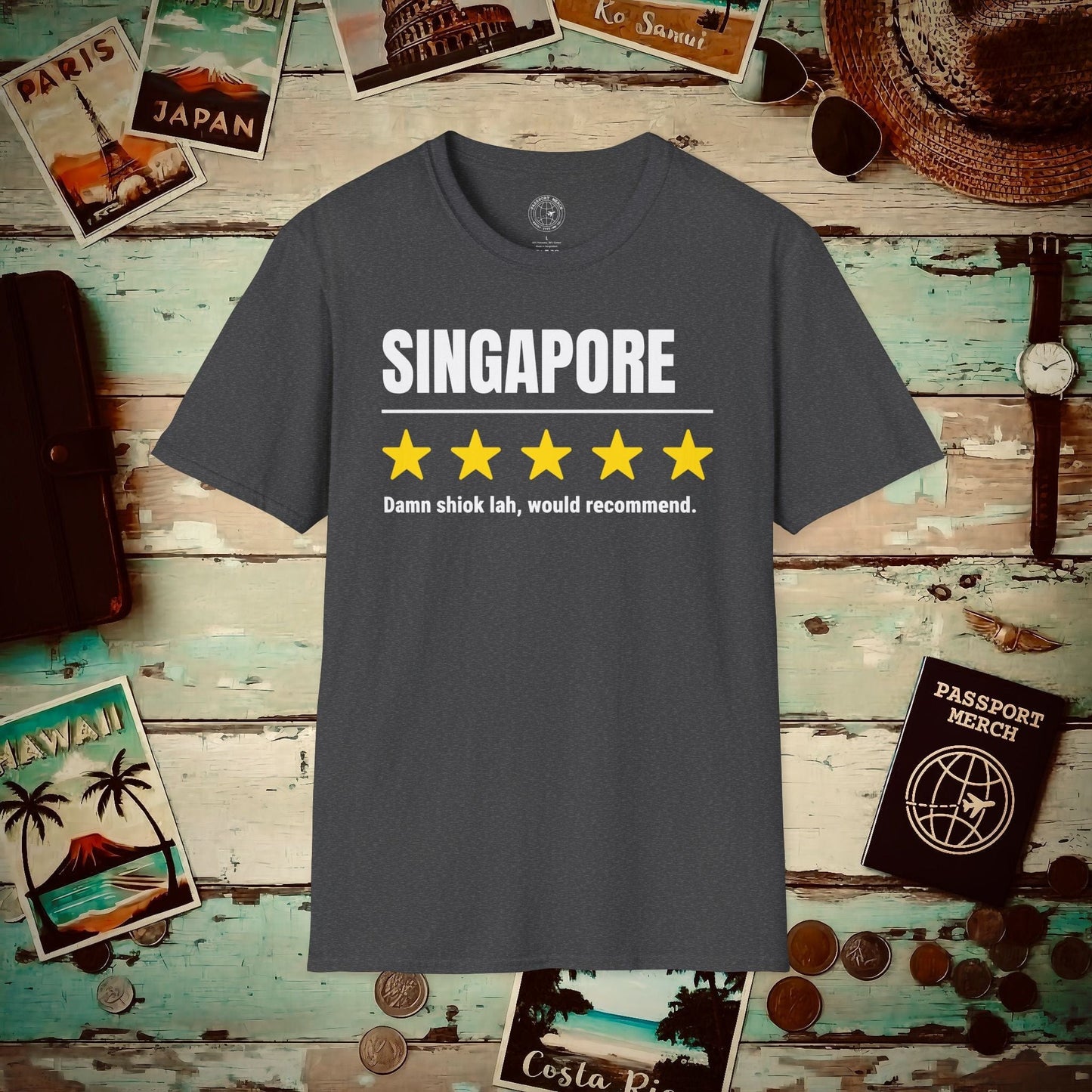 Damn Shiok Lah Five-Star Review, Singapore T-Shirt Dark Heather / S