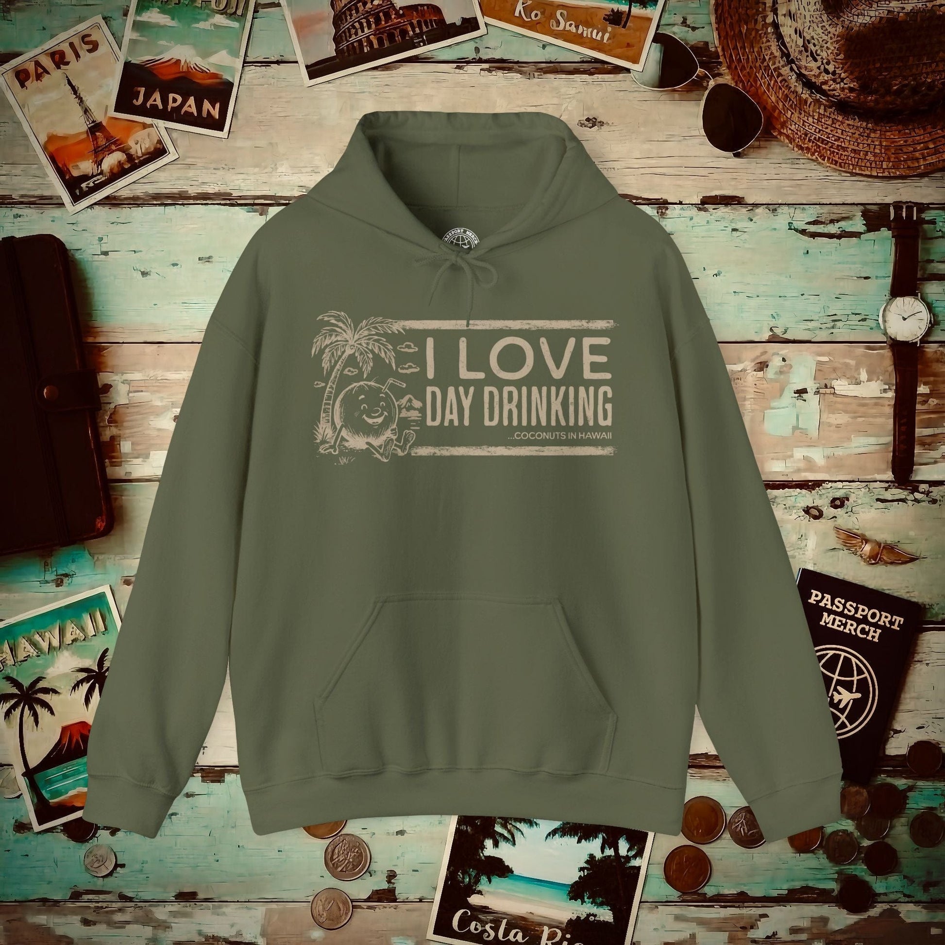 Day Drinking Coconuts in Hawaii Hoodie Military Green / S