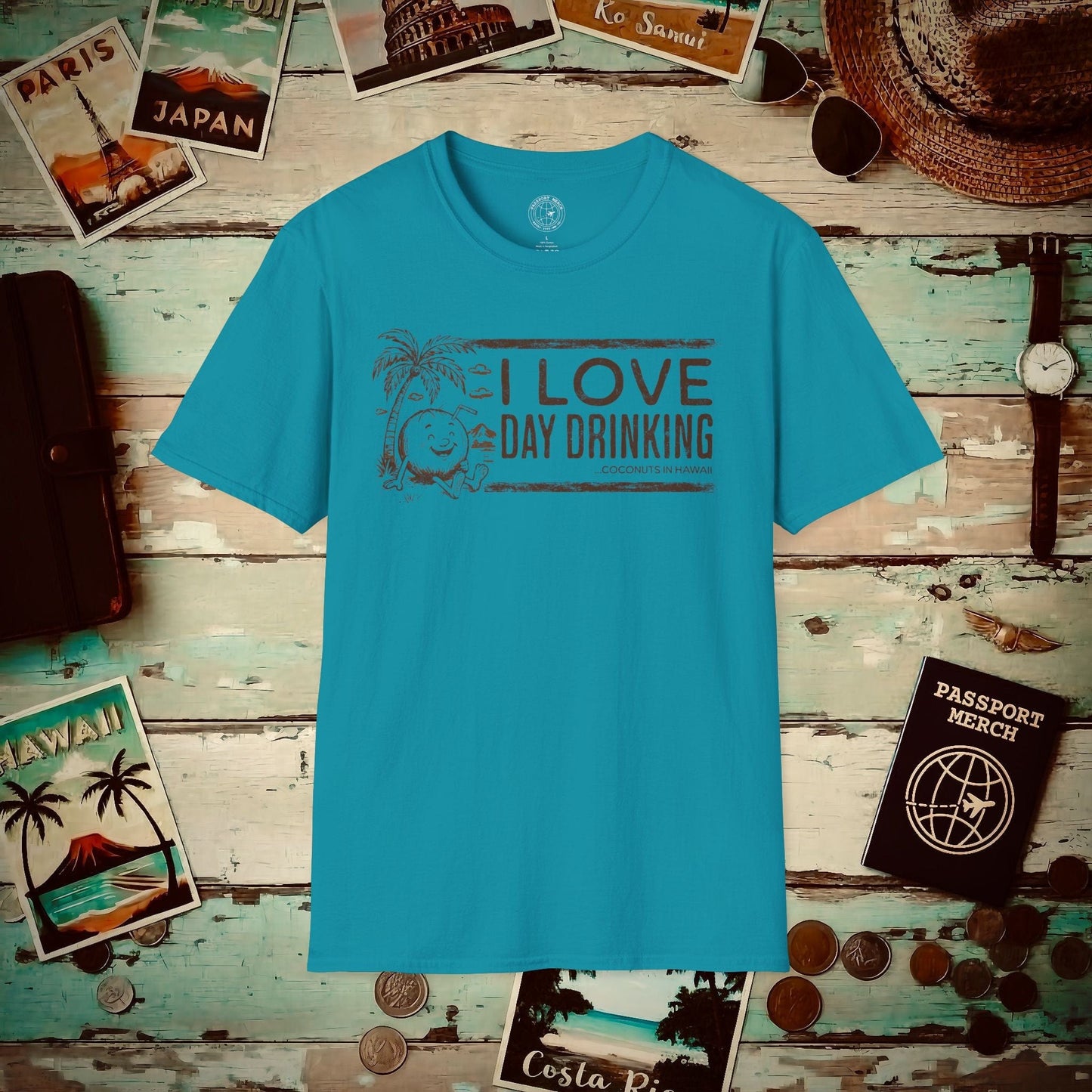 Day Drinking Coconuts in Hawaii T-Shirt Tropical Blue / S