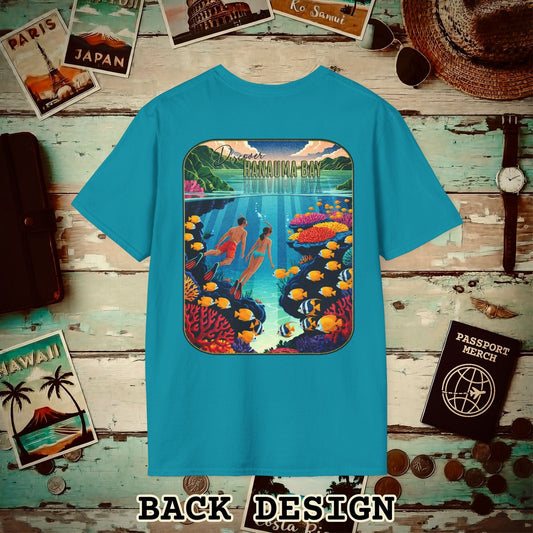 Discover Hanauma Bay, Hawaii, Back Print T-Shirt Tropical Blue / S