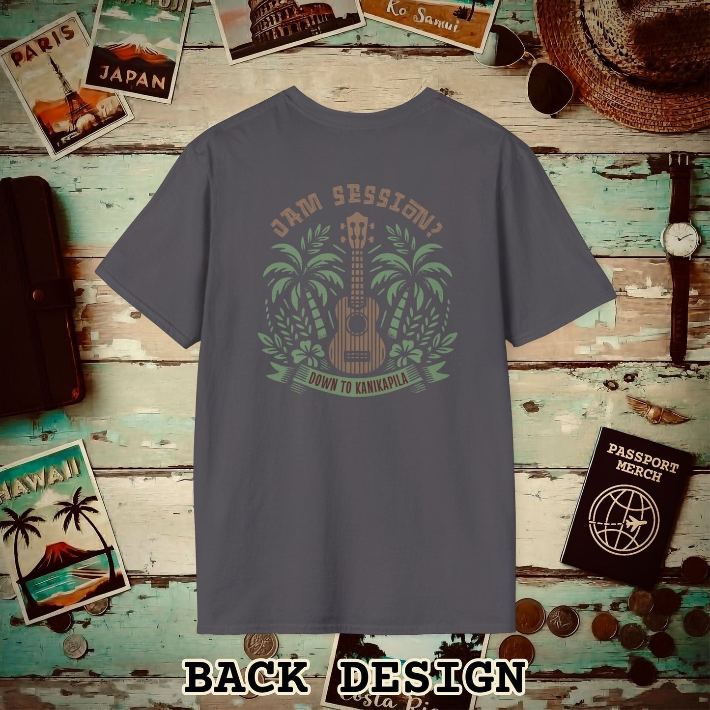 Down To Kanikapila, Hawaii, Back Print T-Shirt Charcoal / S
