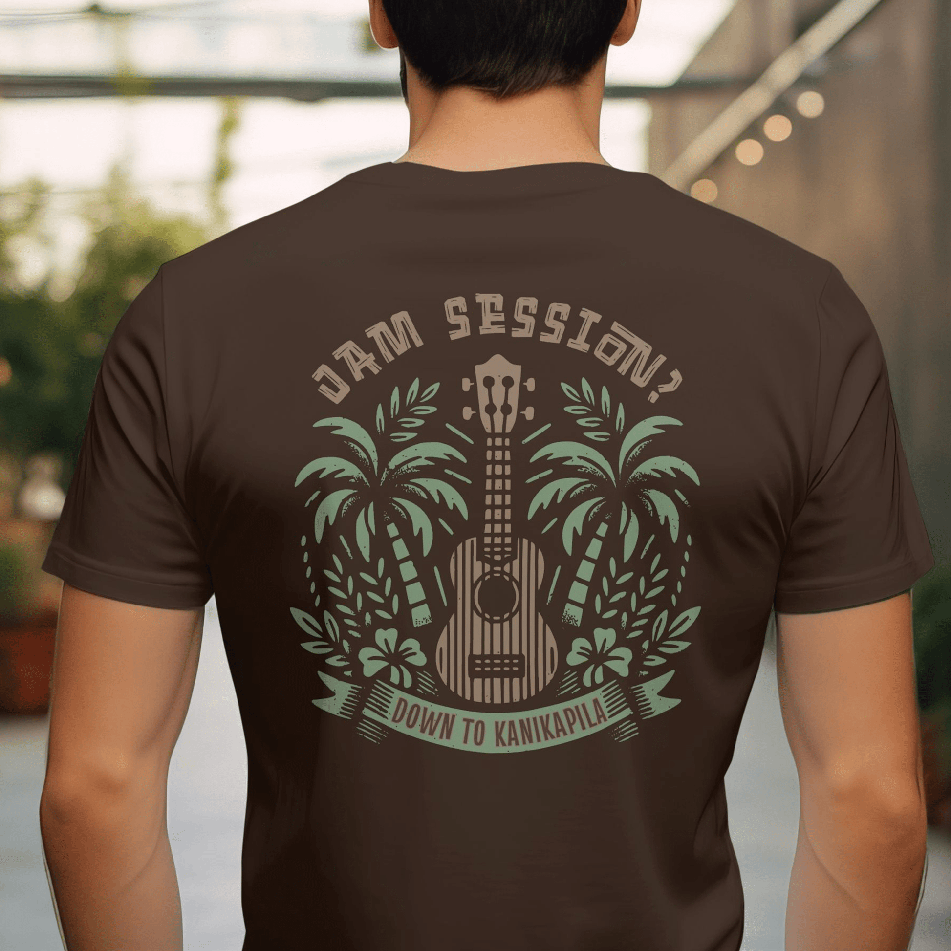 Down To Kanikapila, Hawaii, Back Print T-Shirt Dark Chocolate / S