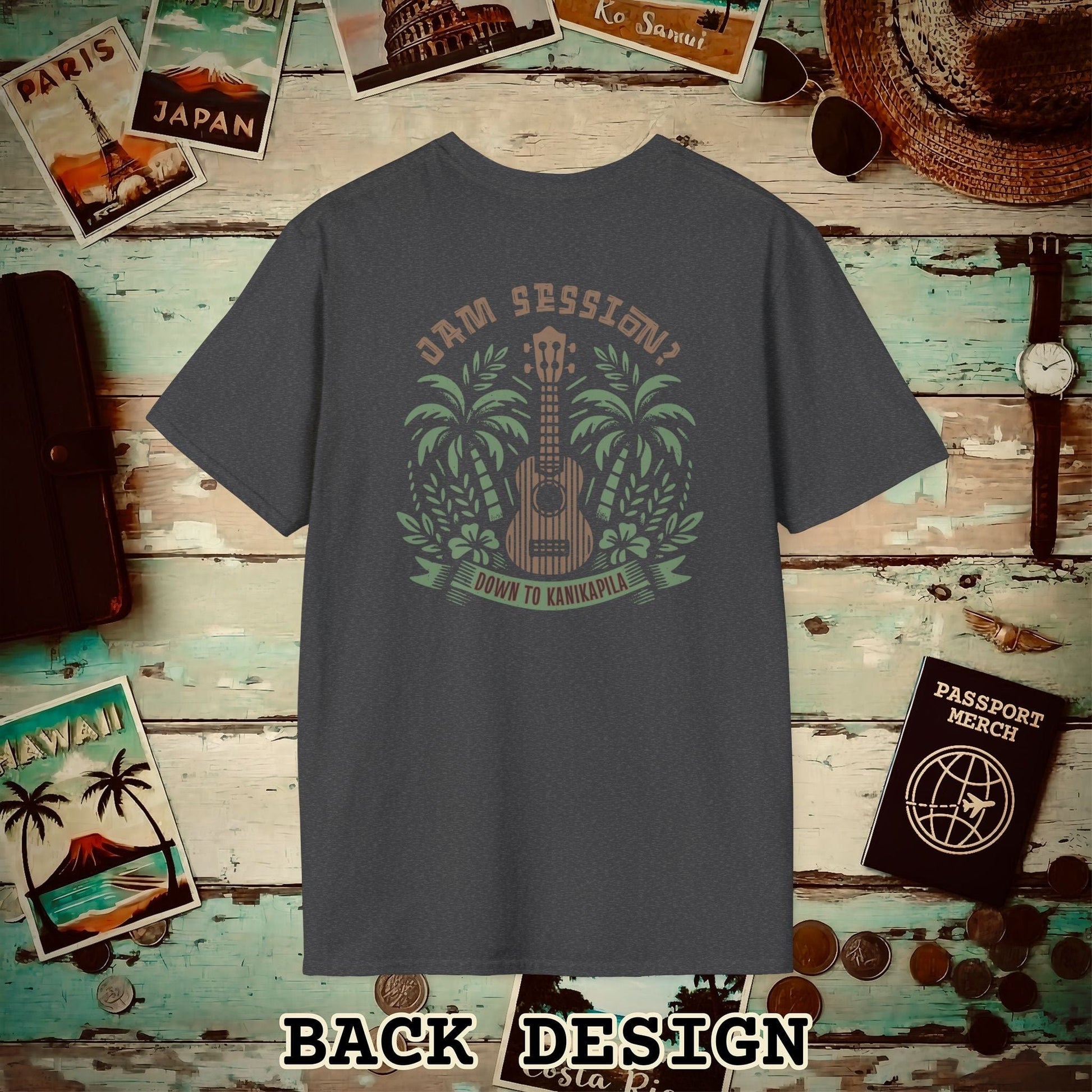 Down To Kanikapila, Hawaii, Back Print T-Shirt Dark Heather / S