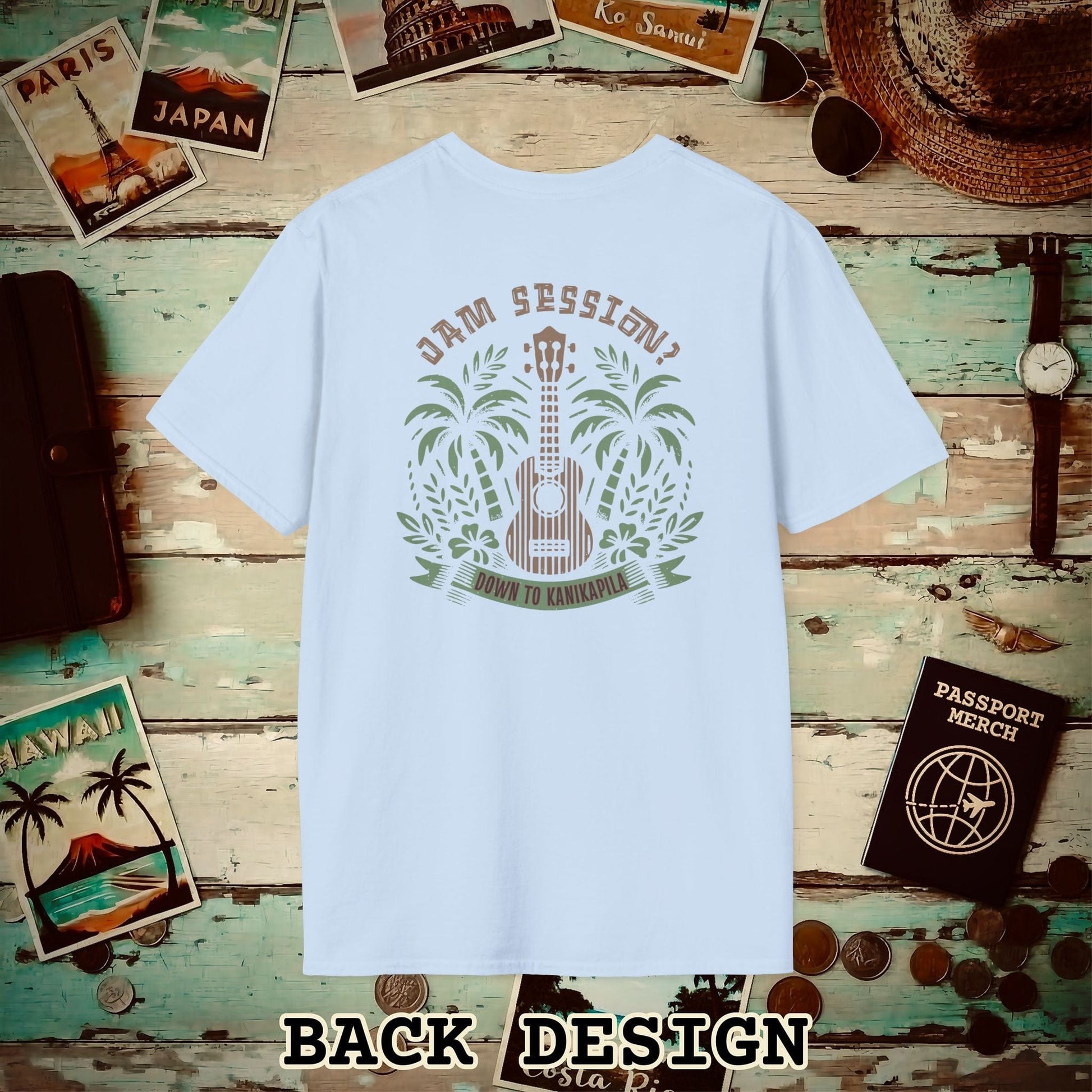 Down To Kanikapila, Hawaii, Back Print T-Shirt Light Blue / S