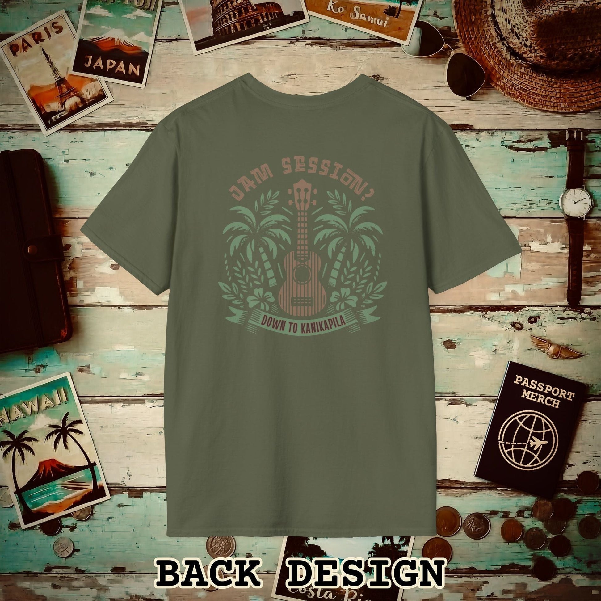 Down To Kanikapila, Hawaii, Back Print T-Shirt Military Green / S