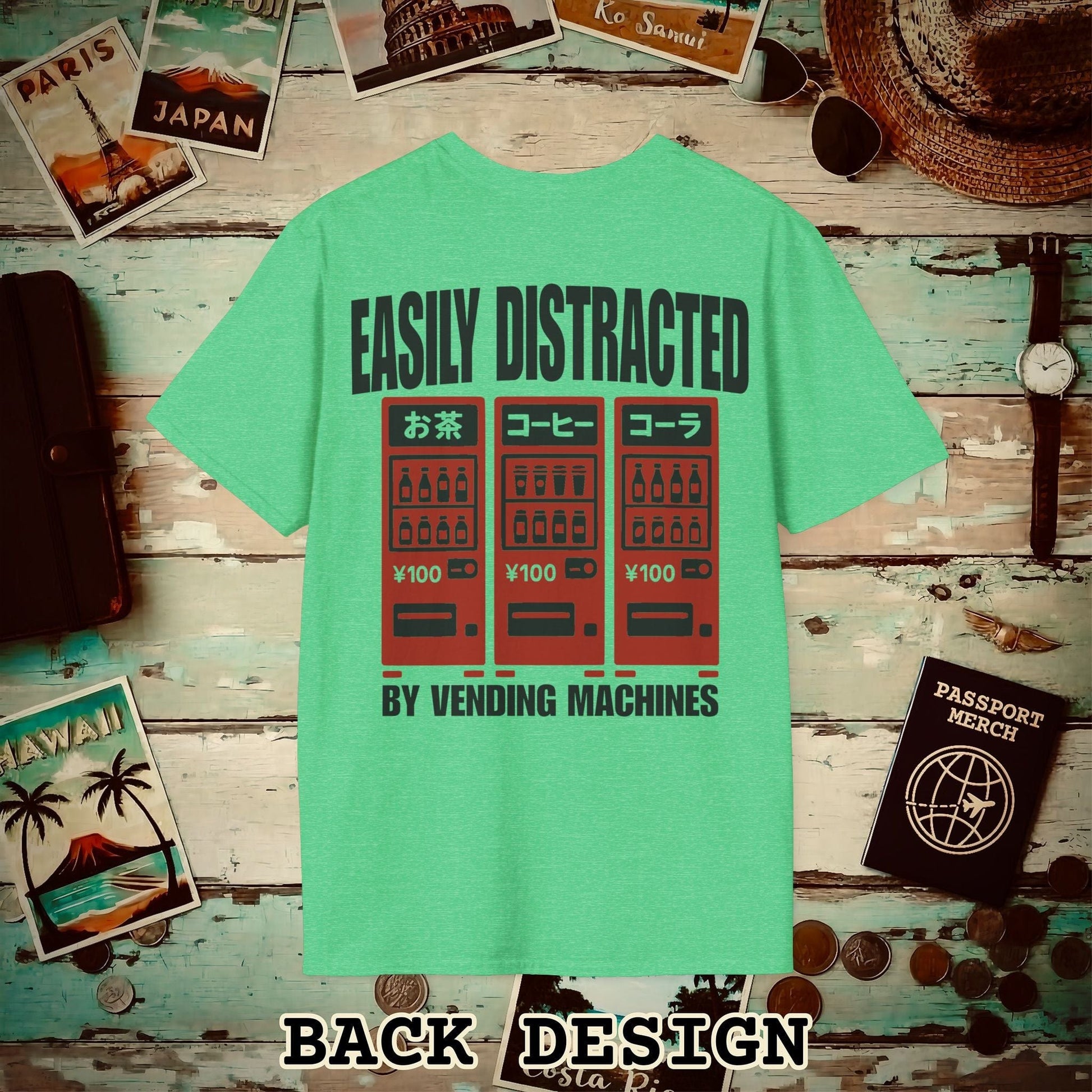 Easily Distracted by Vending Machines, Japan Back Print T-Shirt Heather Irish Green / S