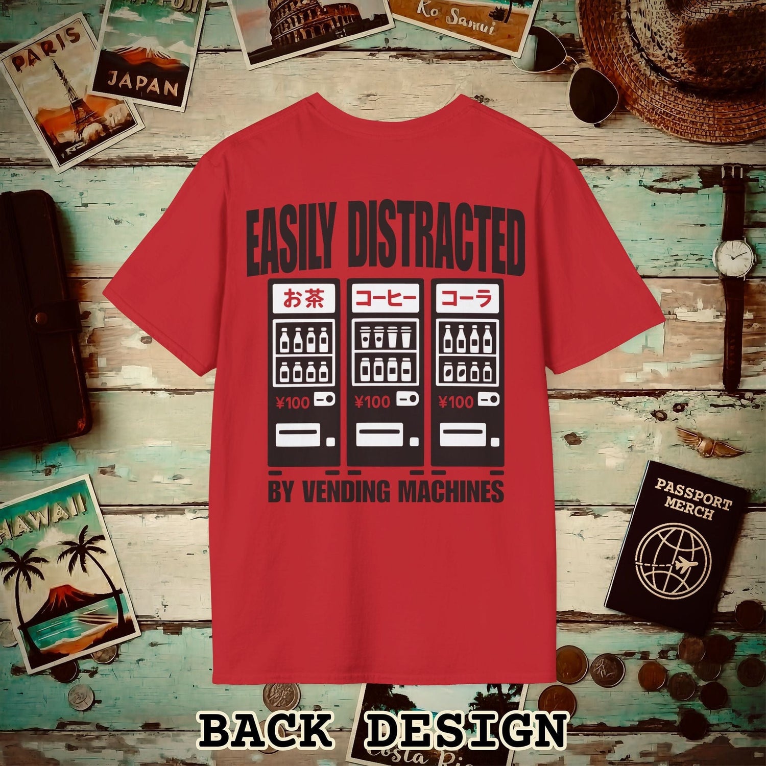 Easily Distracted by Vending Machines, Japan Back Print T-Shirt Red / S