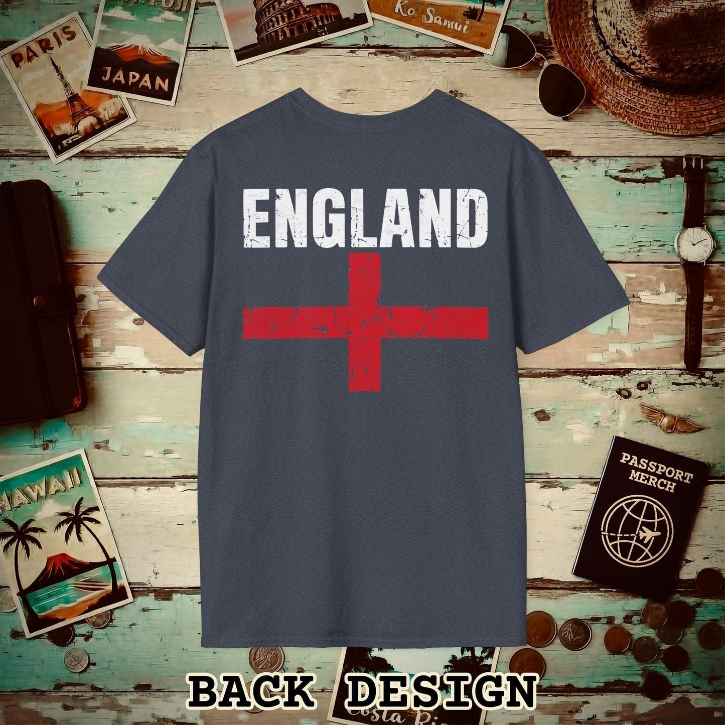 England Vintage Flag Back Print T-Shirt Heather Navy / S