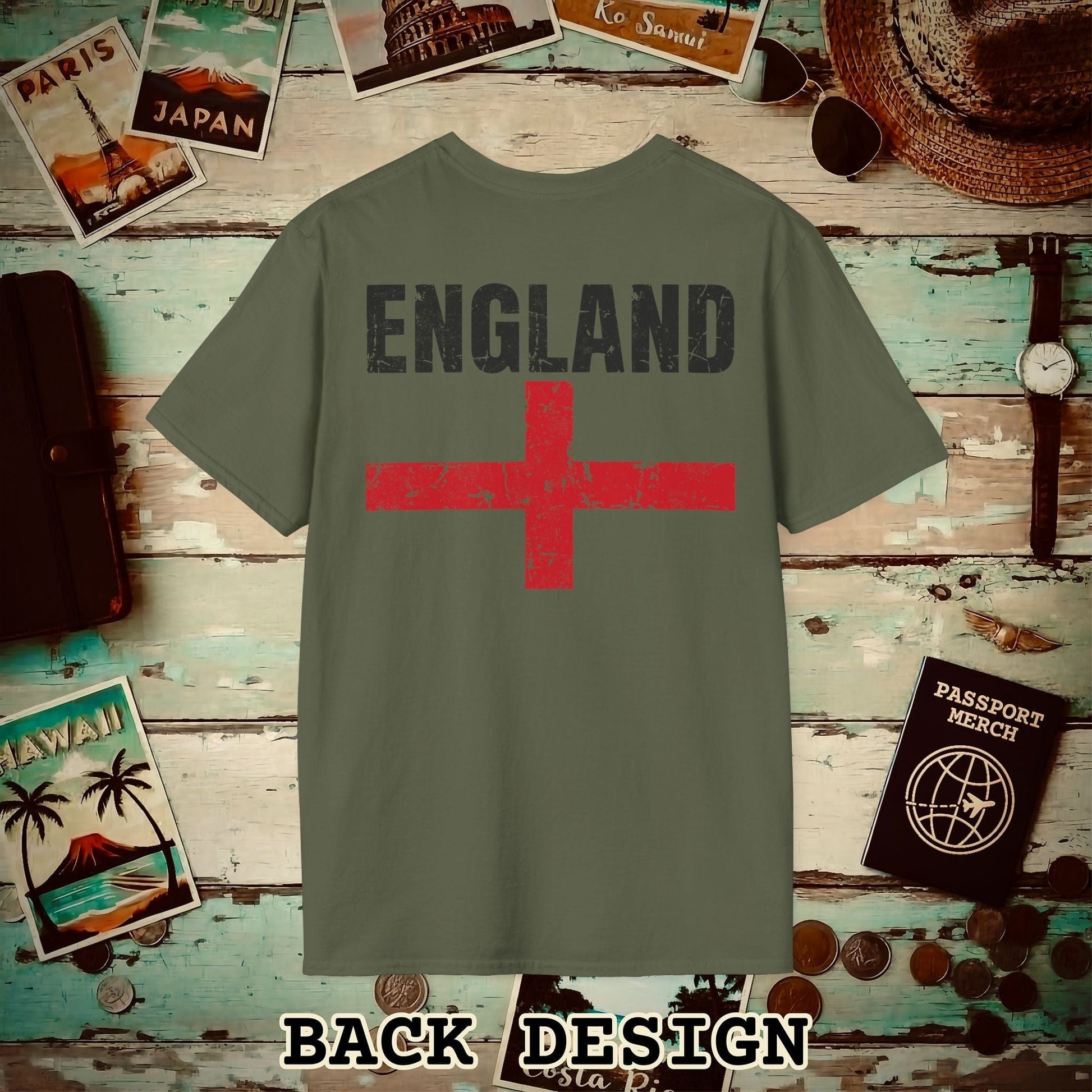 England Vintage Flag Back Print T-Shirt Military Green / S