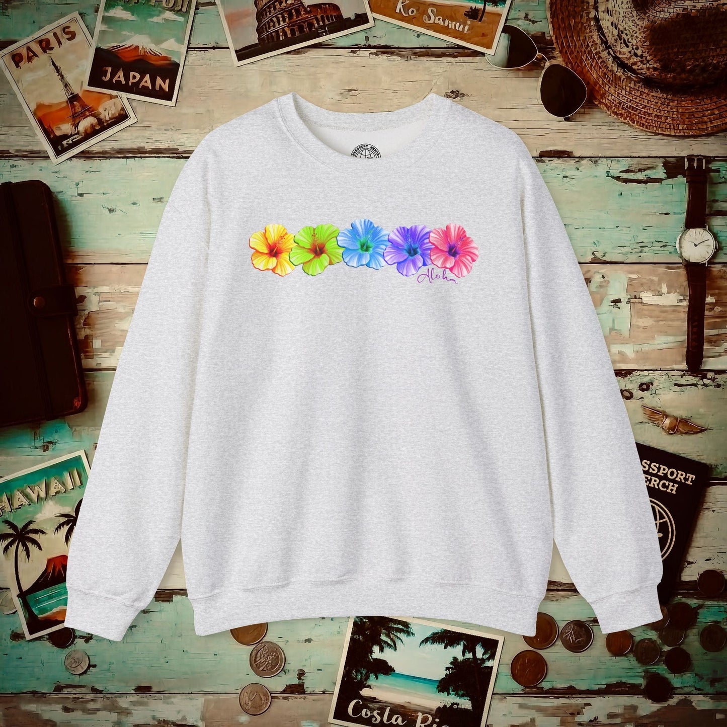 Five Vibrant Hibiscus, Hawaii Crewneck Ash / S