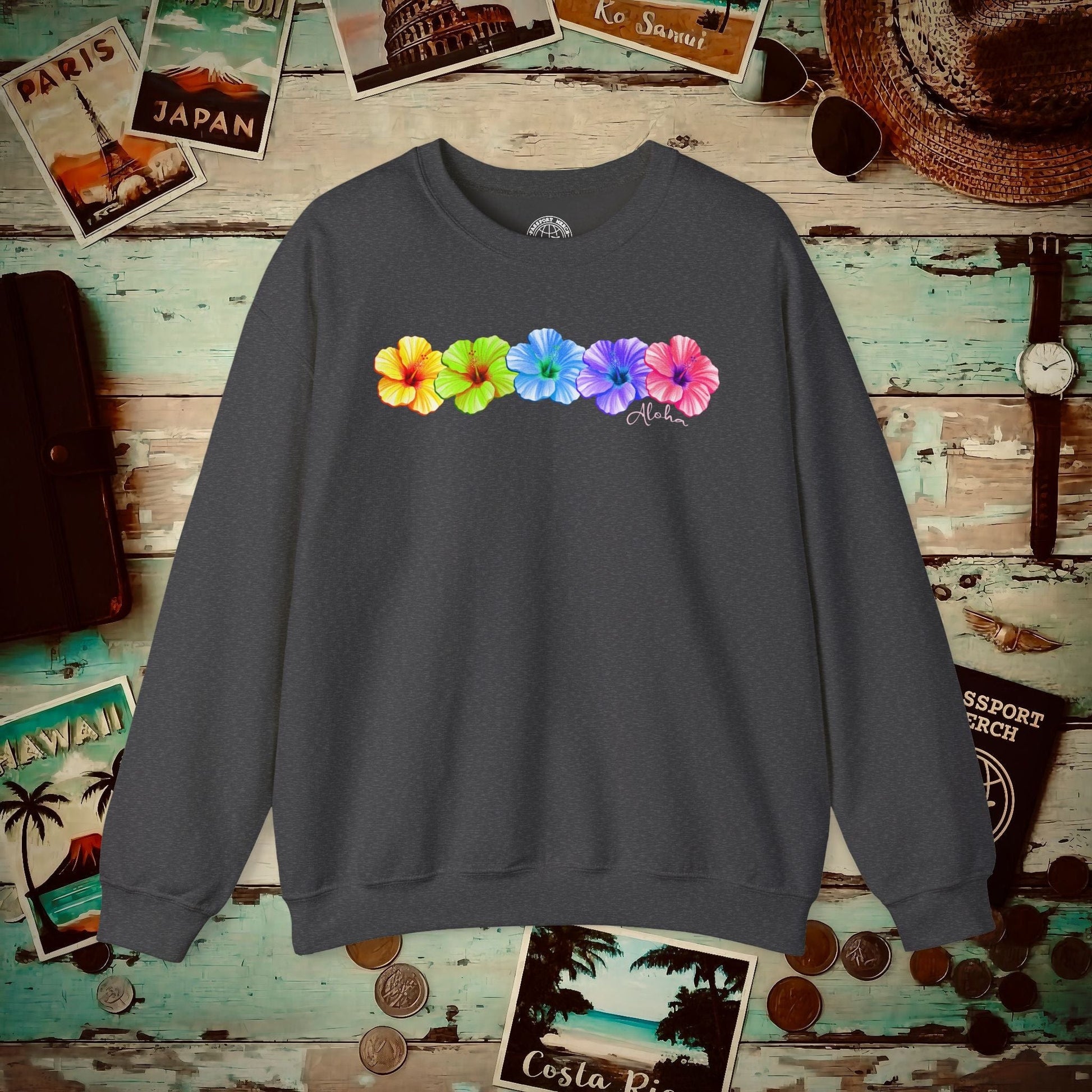 Five Vibrant Hibiscus, Hawaii Crewneck Dark Heather / S