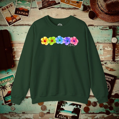 Five Vibrant Hibiscus, Hawaii Crewneck Forest Green / S