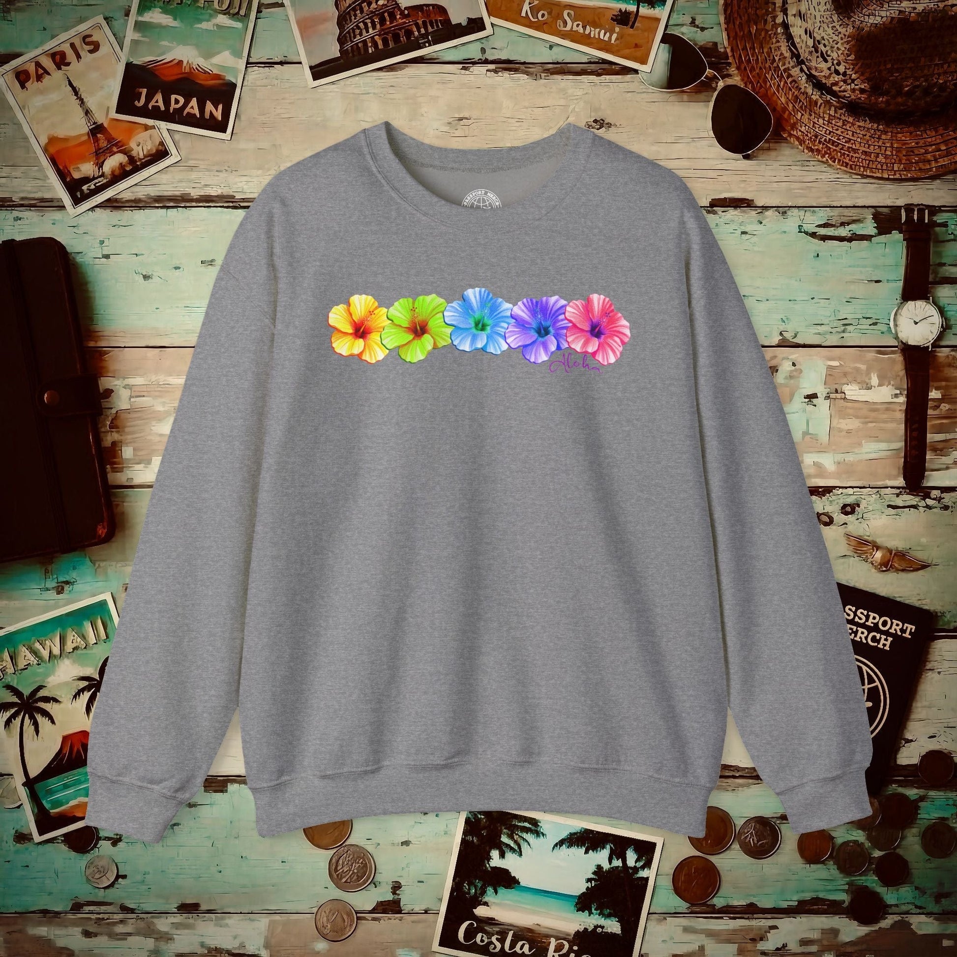 Five Vibrant Hibiscus, Hawaii Crewneck Graphite Heather / S