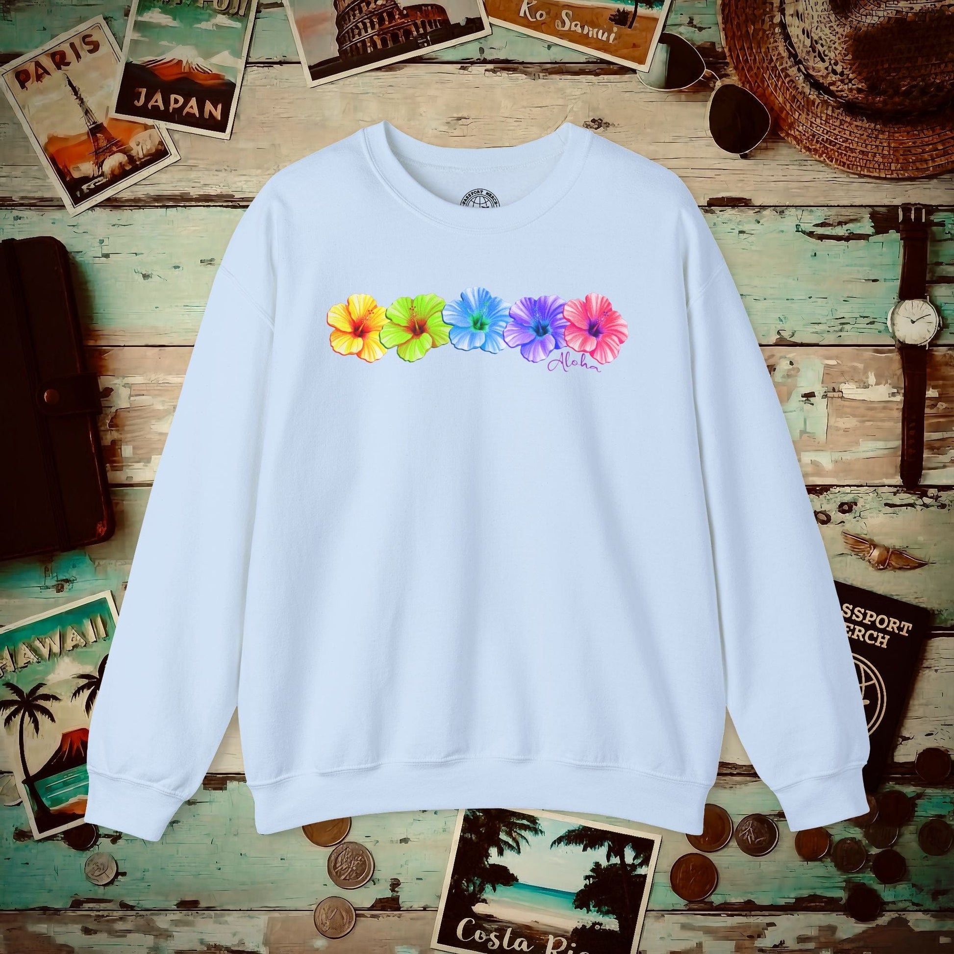Five Vibrant Hibiscus, Hawaii Crewneck Light Blue / S