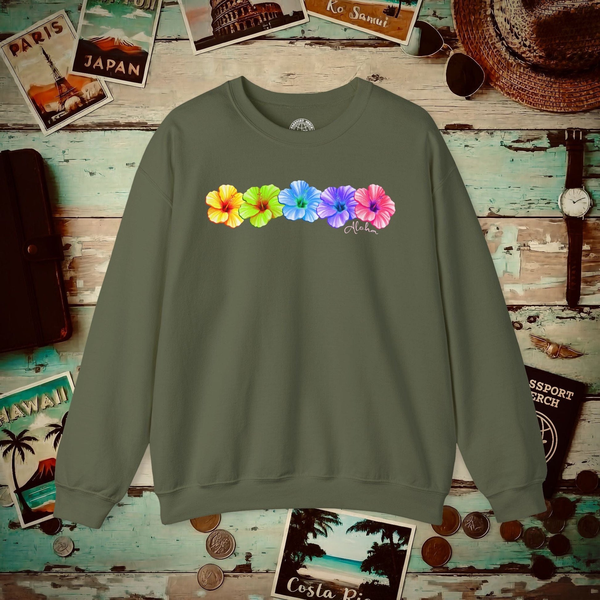 Five Vibrant Hibiscus, Hawaii Crewneck Military Green / S