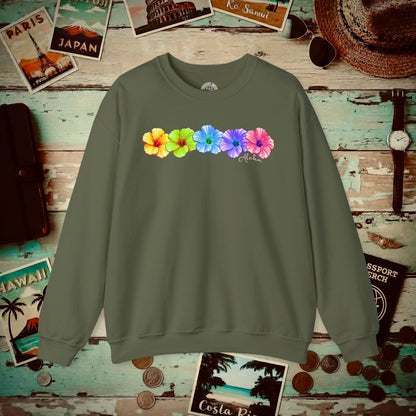Five Vibrant Hibiscus, Hawaii Crewneck Military Green / S