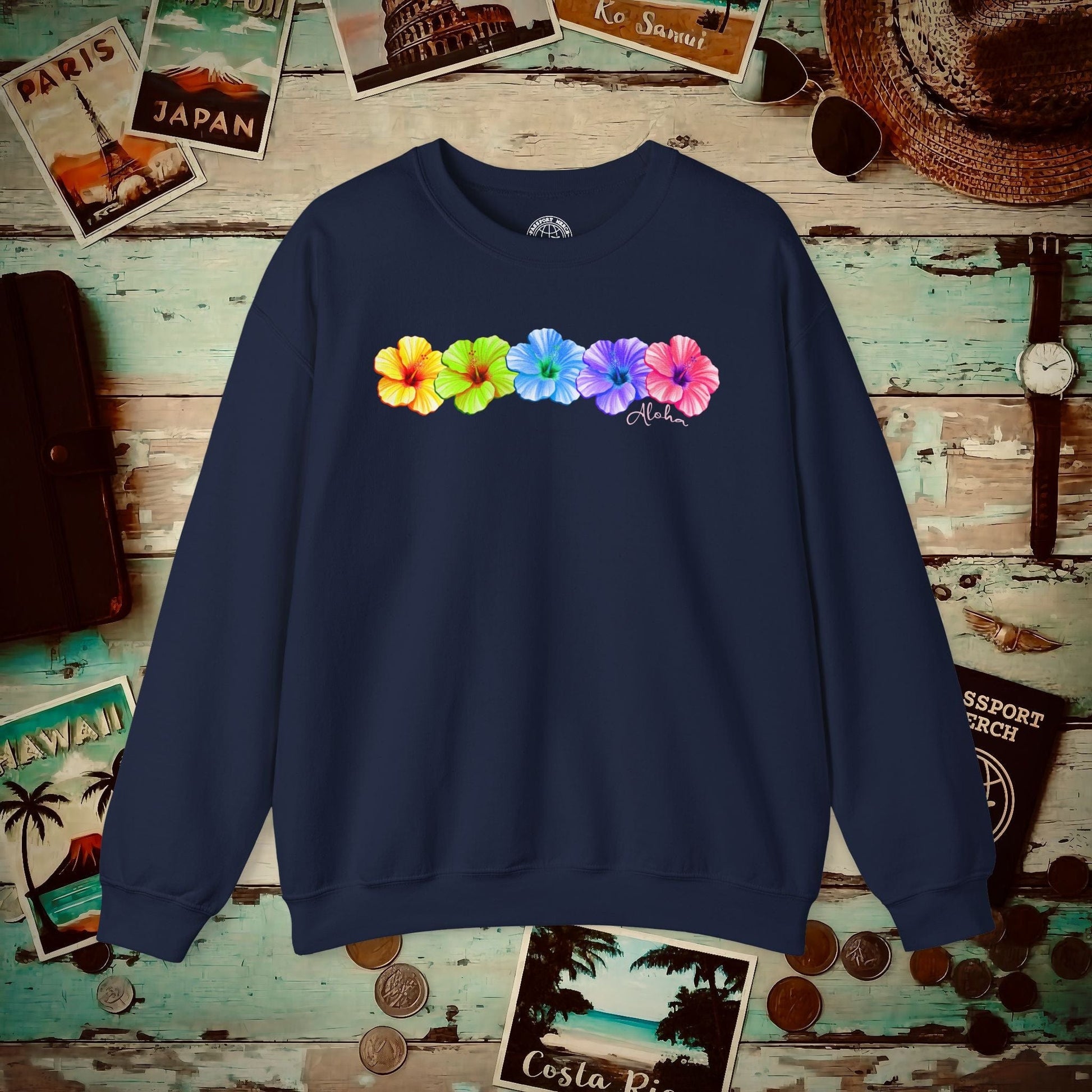 Five Vibrant Hibiscus, Hawaii Crewneck Navy / S