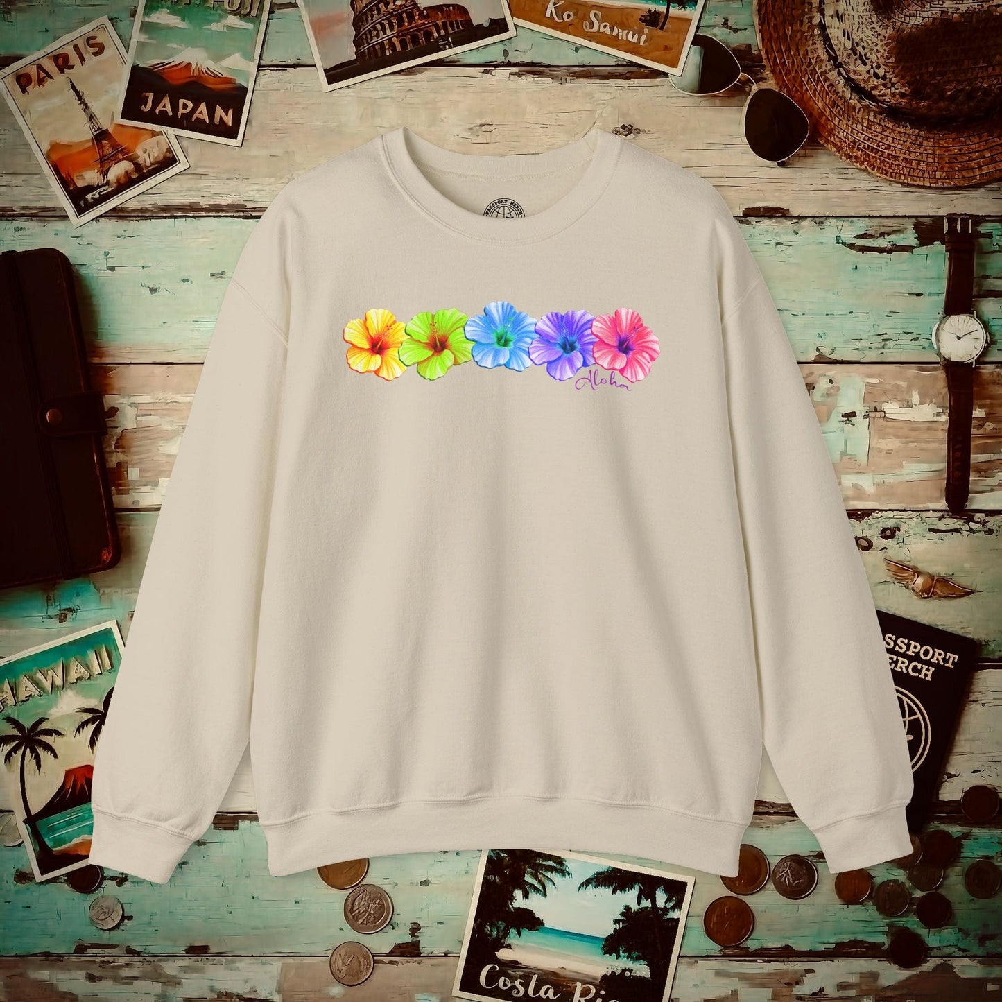 Five Vibrant Hibiscus, Hawaii Crewneck Sand / S