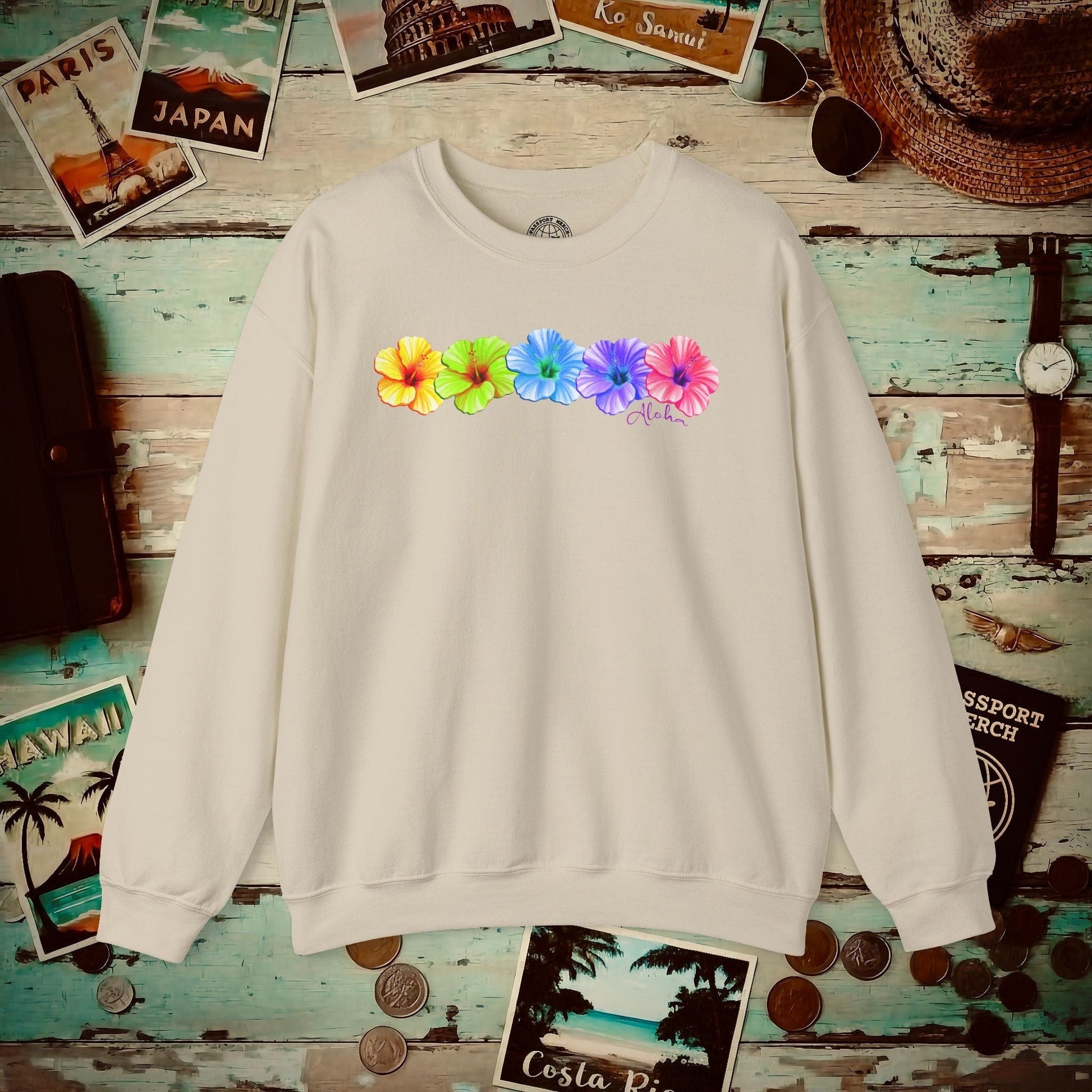 Five Vibrant Hibiscus, Hawaii Crewneck Sand / S