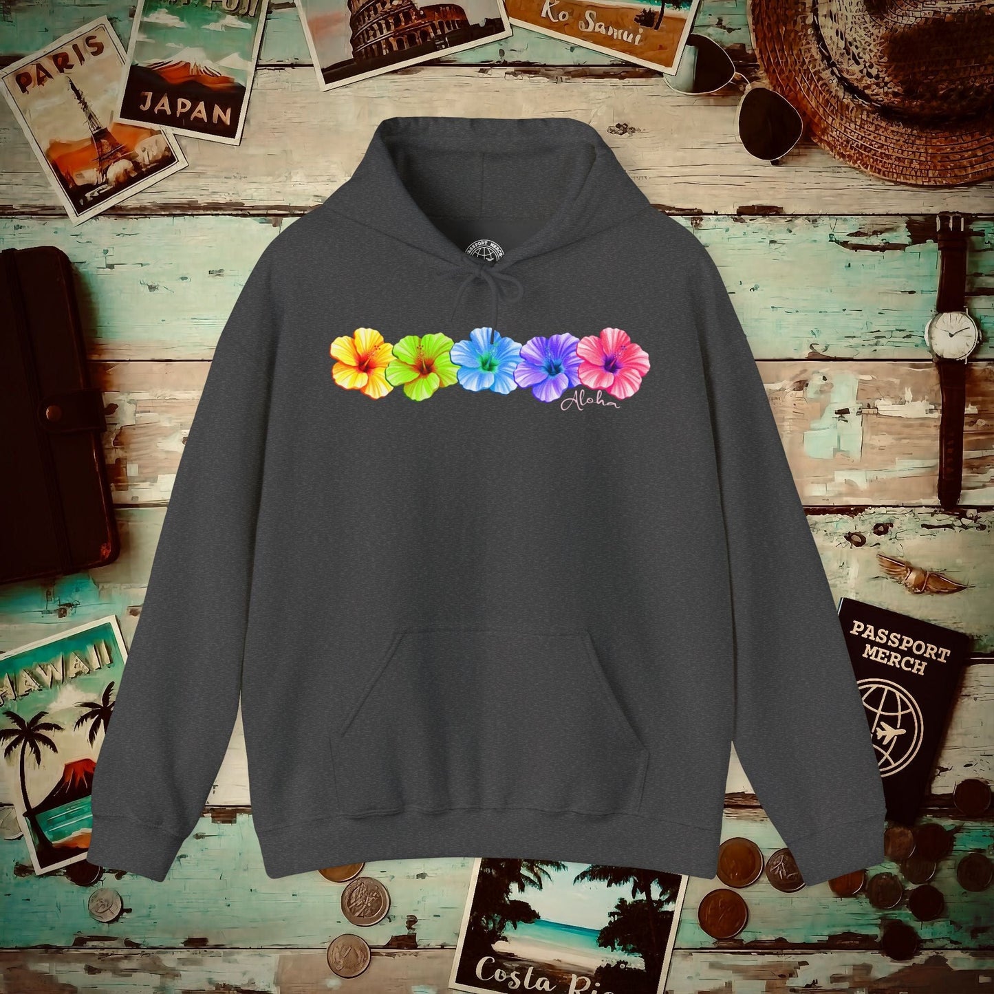 Five Vibrant Hibiscus, Hawaii Hoodie Dark Heather / S