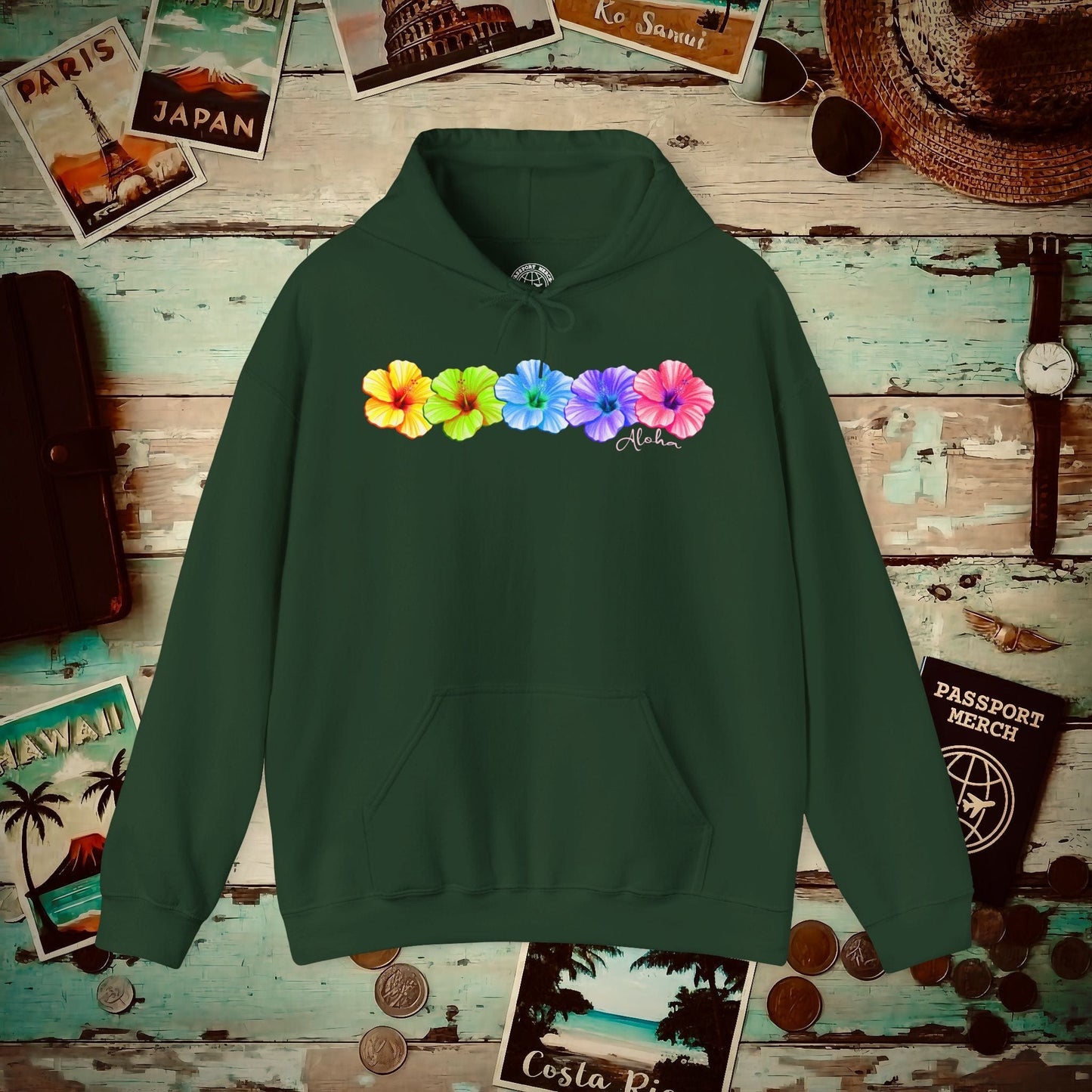 Five Vibrant Hibiscus, Hawaii Hoodie Forest Green / S