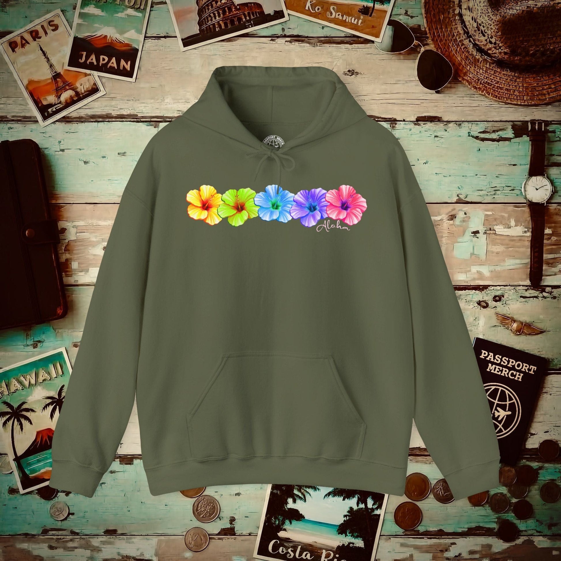 Five Vibrant Hibiscus, Hawaii Hoodie Military Green / S