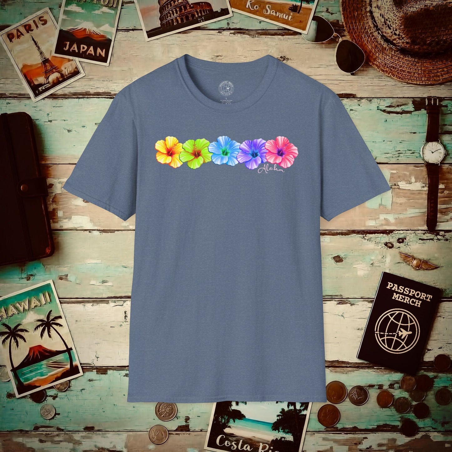 Five Vibrant Hibiscus, Hawaii T-Shirt Heather Indigo / S