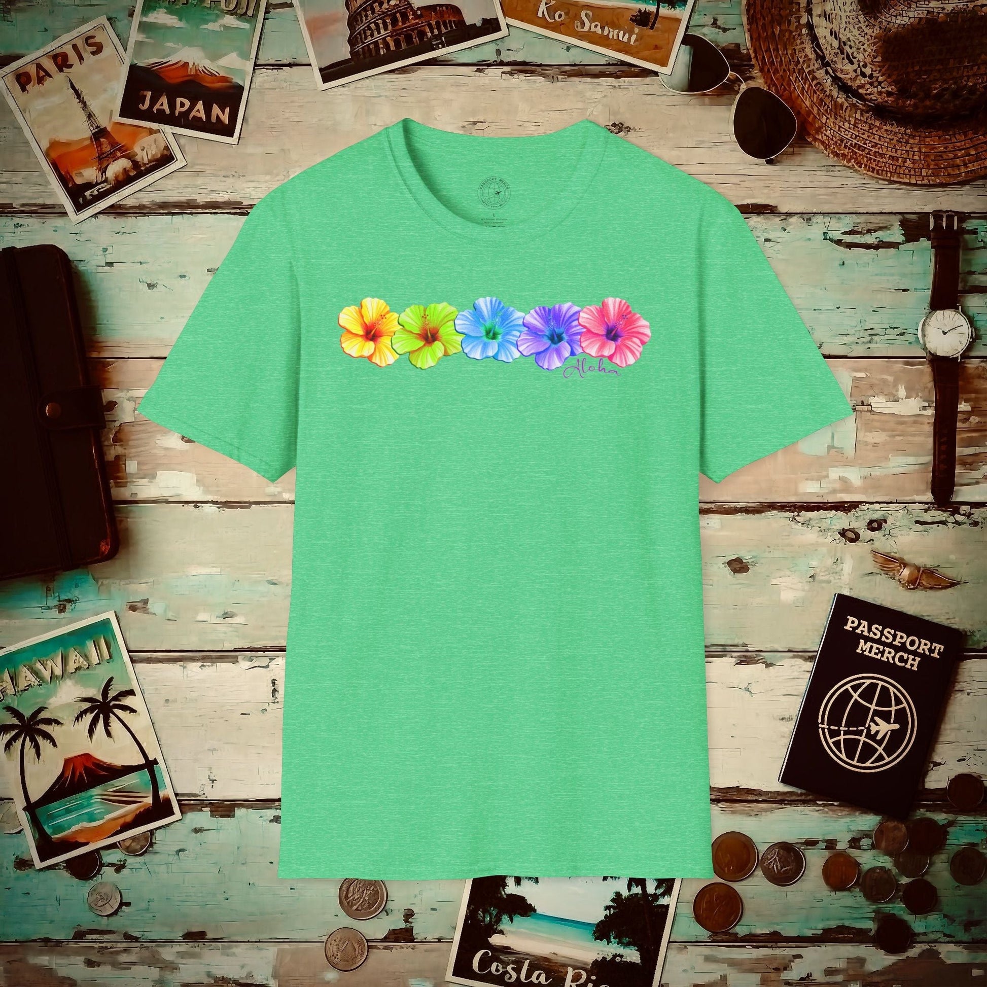 Five Vibrant Hibiscus, Hawaii T-Shirt Heather Irish Green / S