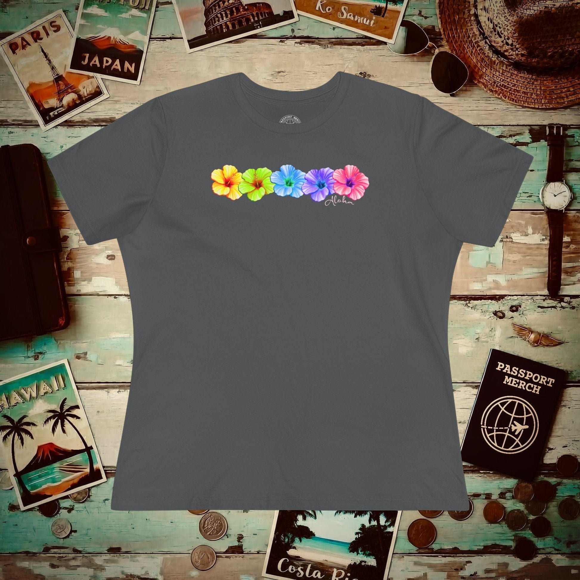 Five Vibrant Hibiscus, Hawaii, Womens Fit T-Shirt Asphalt / S