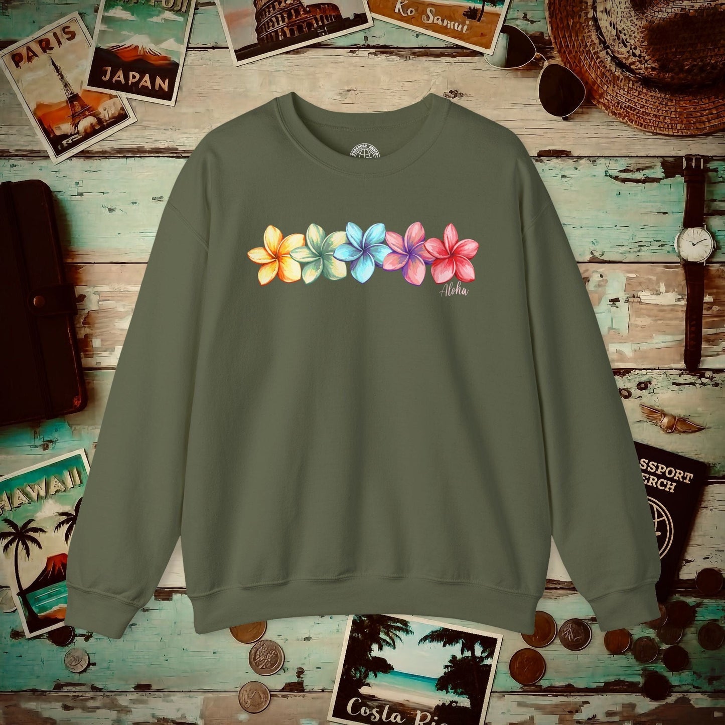 Five Vibrant Plumerias, Hawaii Crewneck Military Green / S