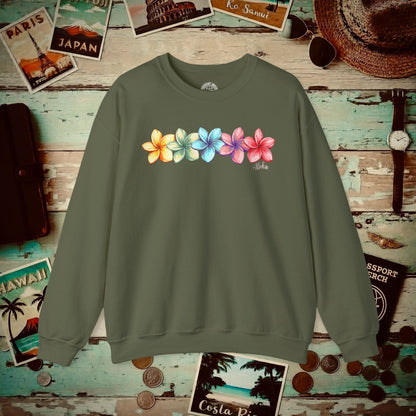 Five Vibrant Plumerias, Hawaii Crewneck Military Green / S