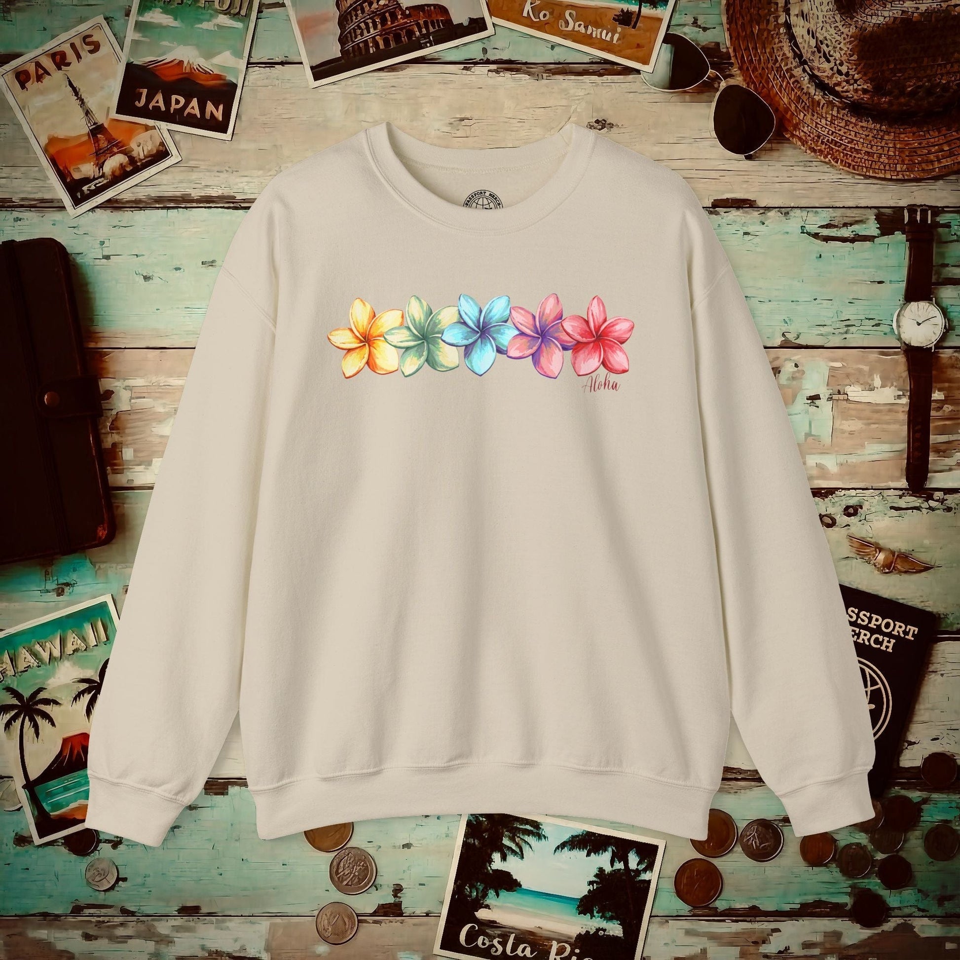 Five Vibrant Plumerias, Hawaii Crewneck Sand / S