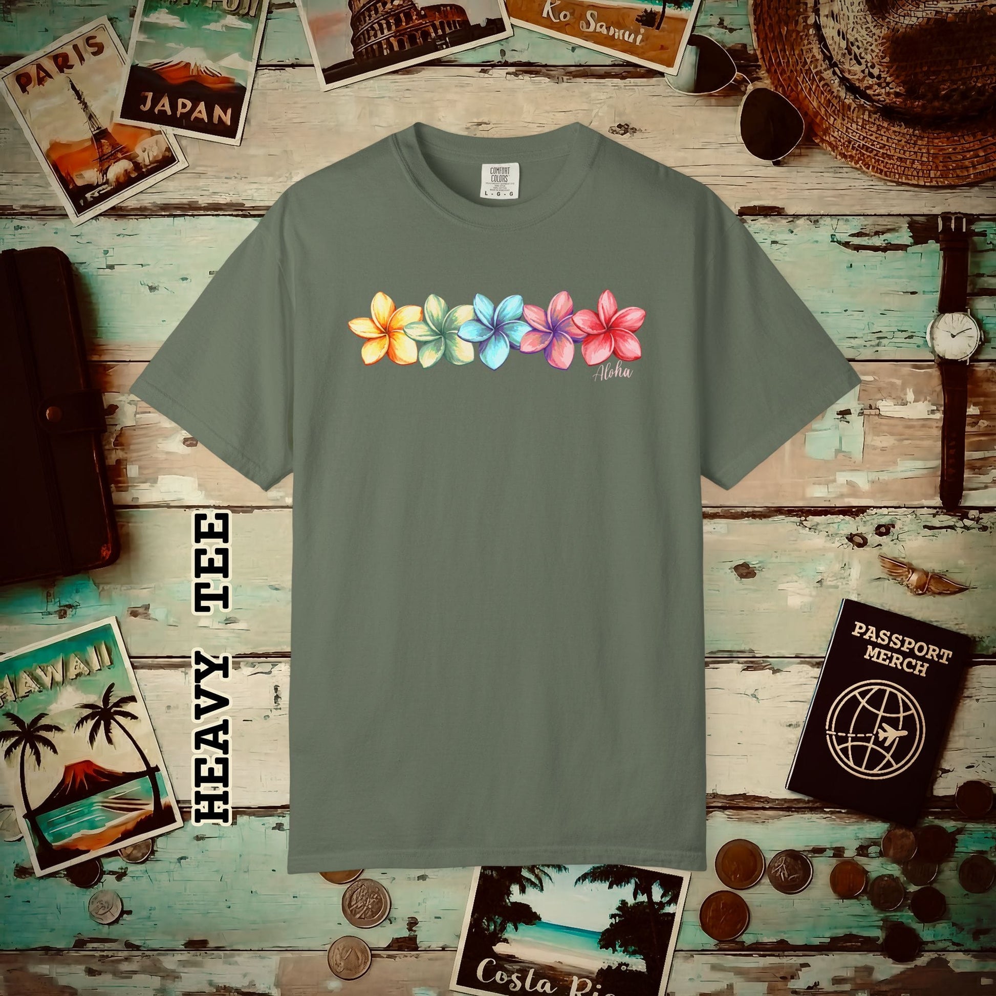 Five Vibrant Plumerias, Hawaii Heavy Tee Moss / S