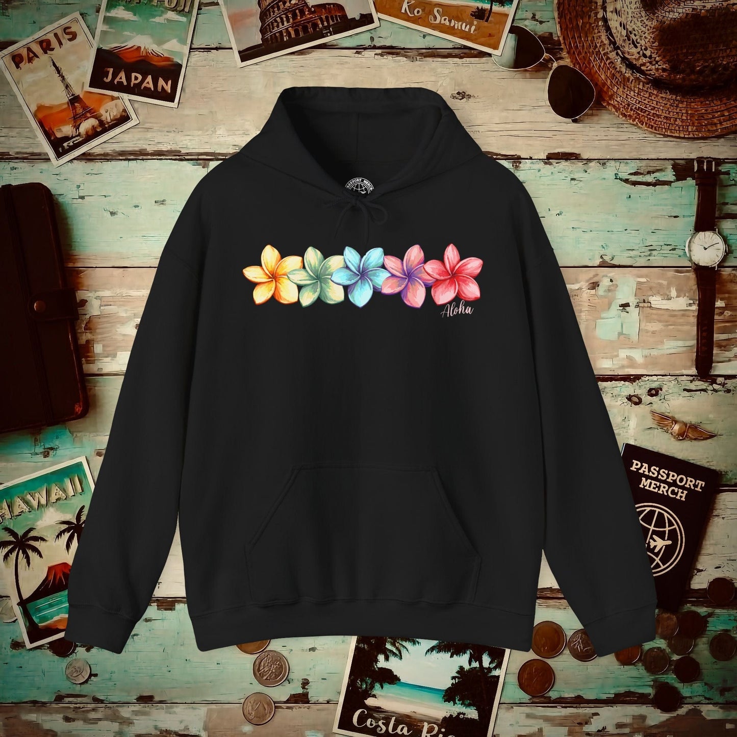 Five Vibrant Plumerias, Hawaii Hoodie Black / S