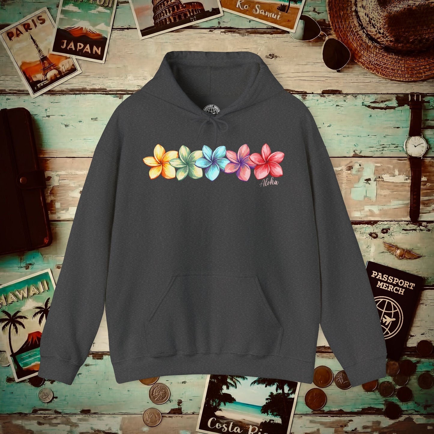 Five Vibrant Plumerias, Hawaii Hoodie Dark Heather / S